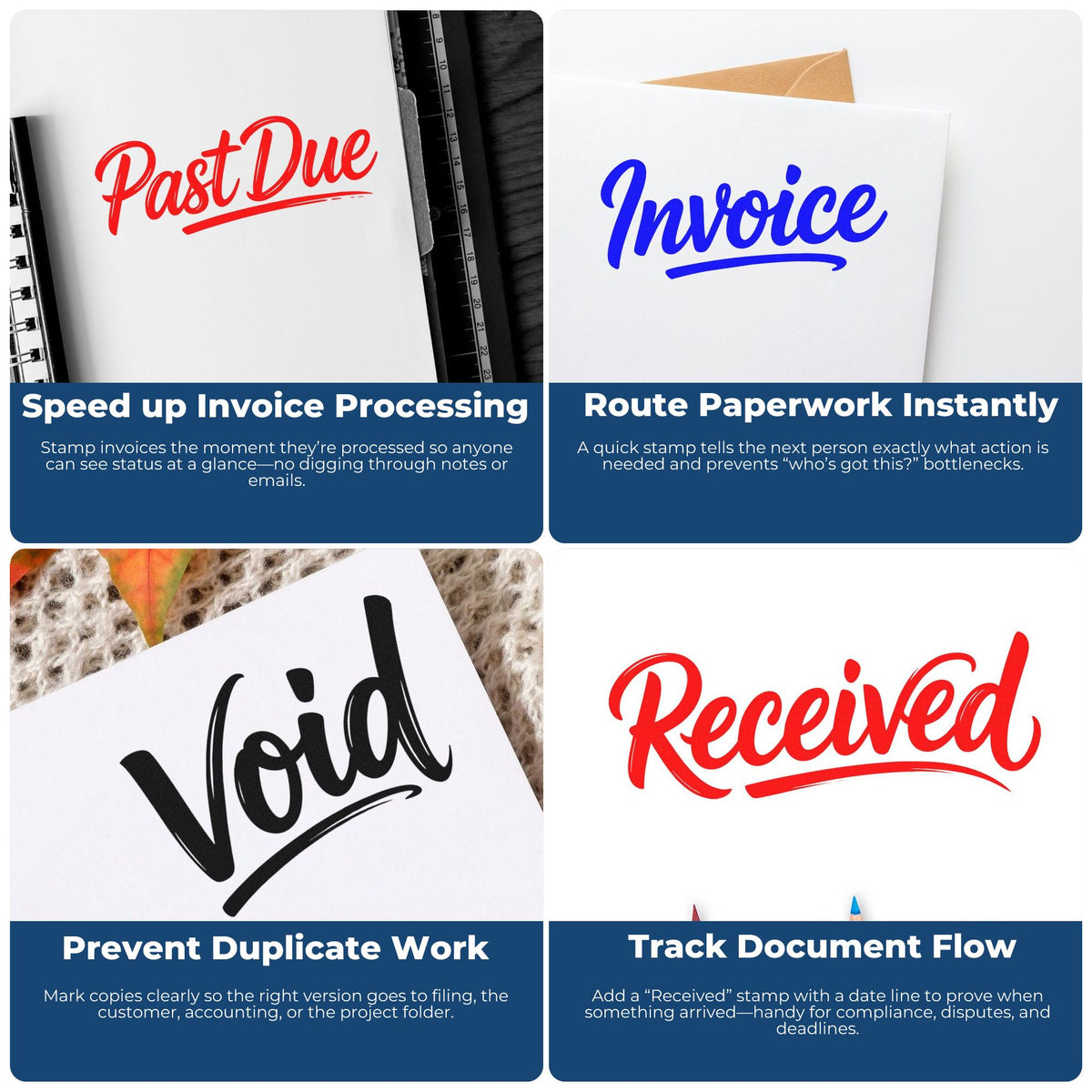 Business stamp and seal samples: red Past Due, blue Invoice, black Void, and red Received on white paper