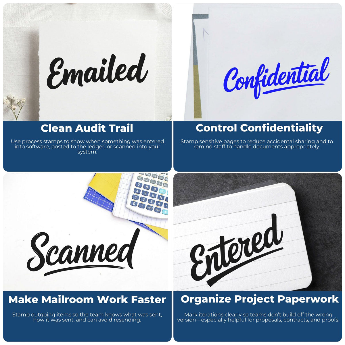 Business stamp and seal products with black and blue Emailed, Confidential, Scanned, and Entered document markings.