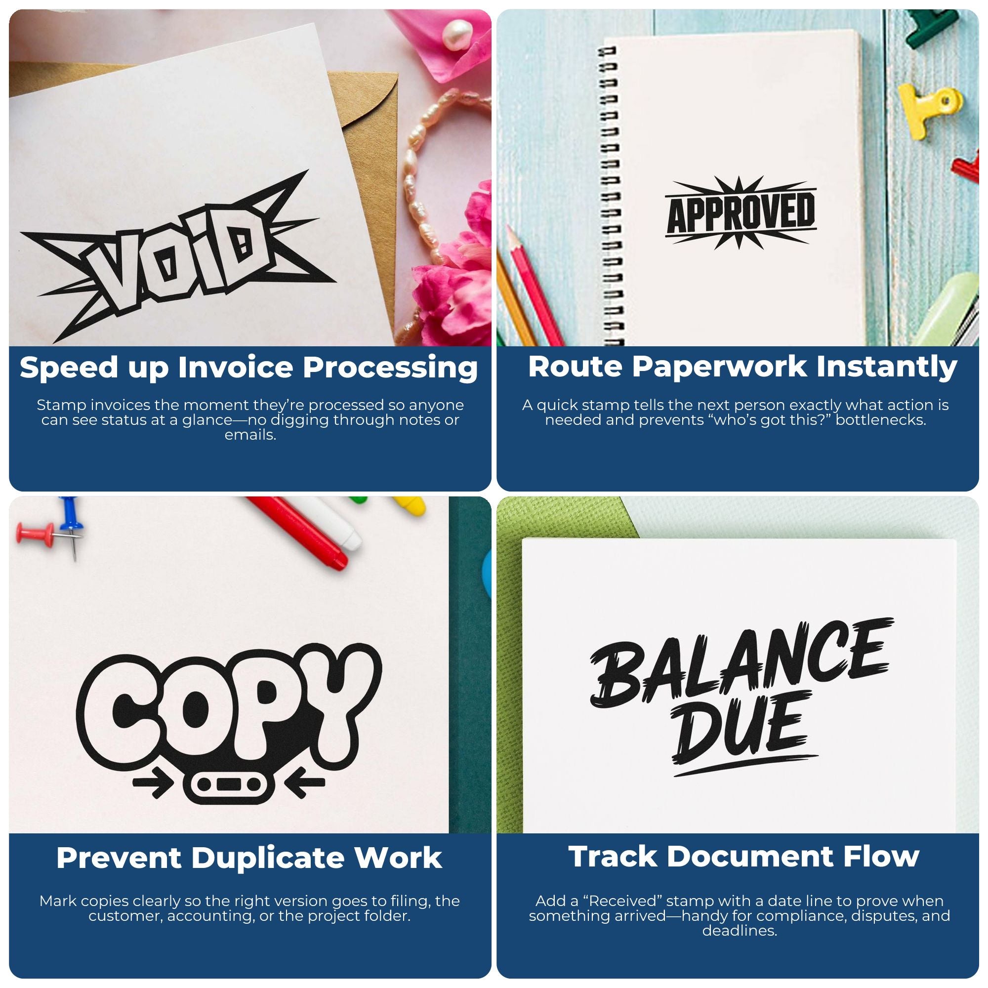 Collage of black stamp and seal designs on white cards: void, approved, copy, and balance due, with blue panels and office supplies.