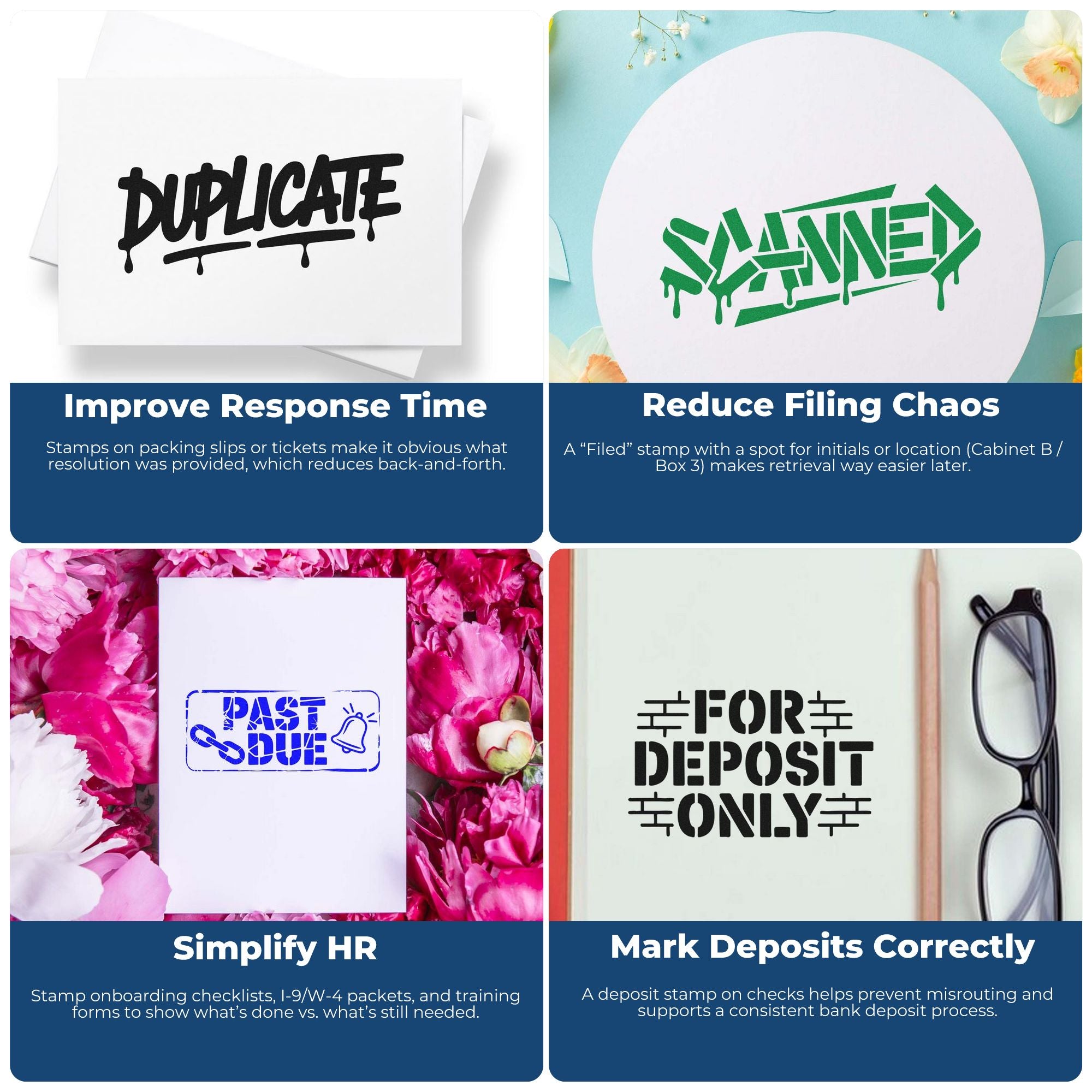 Collage of custom stamp products: black Duplicate, green Filed, blue Past Due, and black For Deposit Only seals on paper.