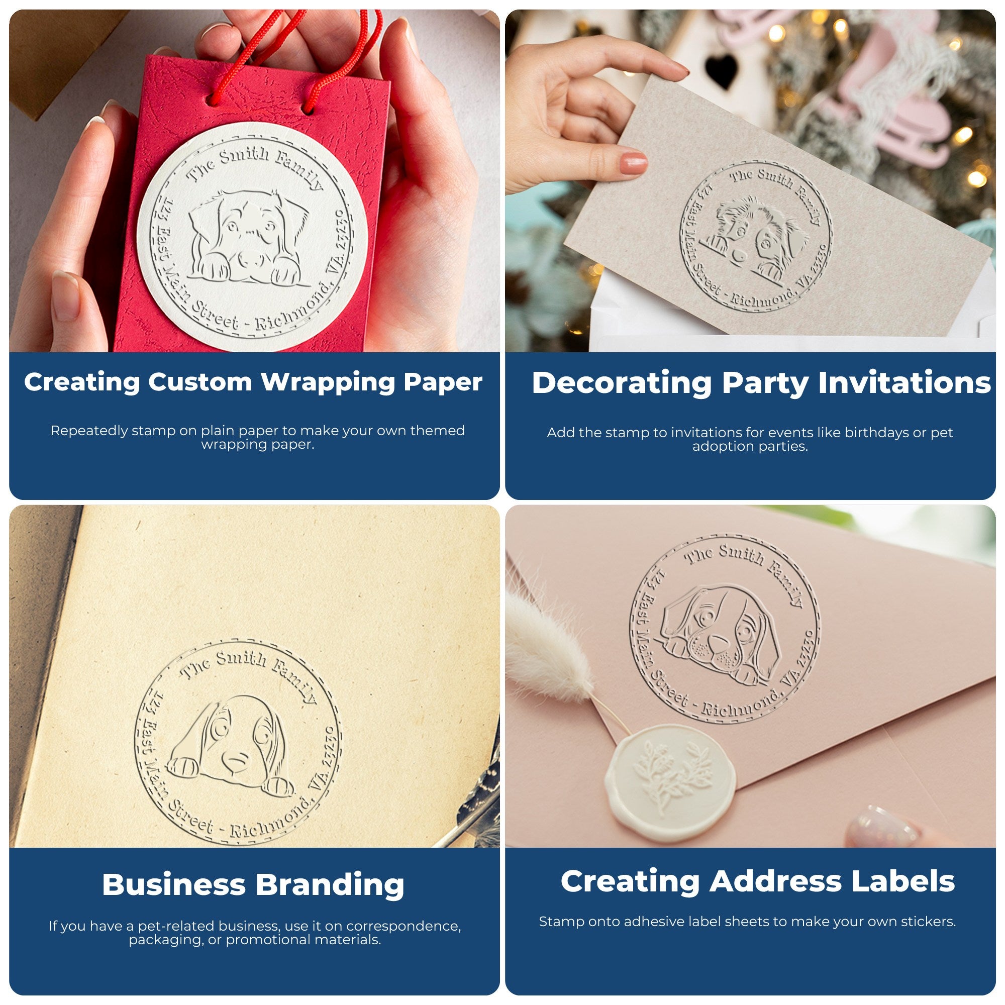 Collage of custom dog stamp seals on pink, cream and beige packaging, invitations, wrapping paper and address labels.