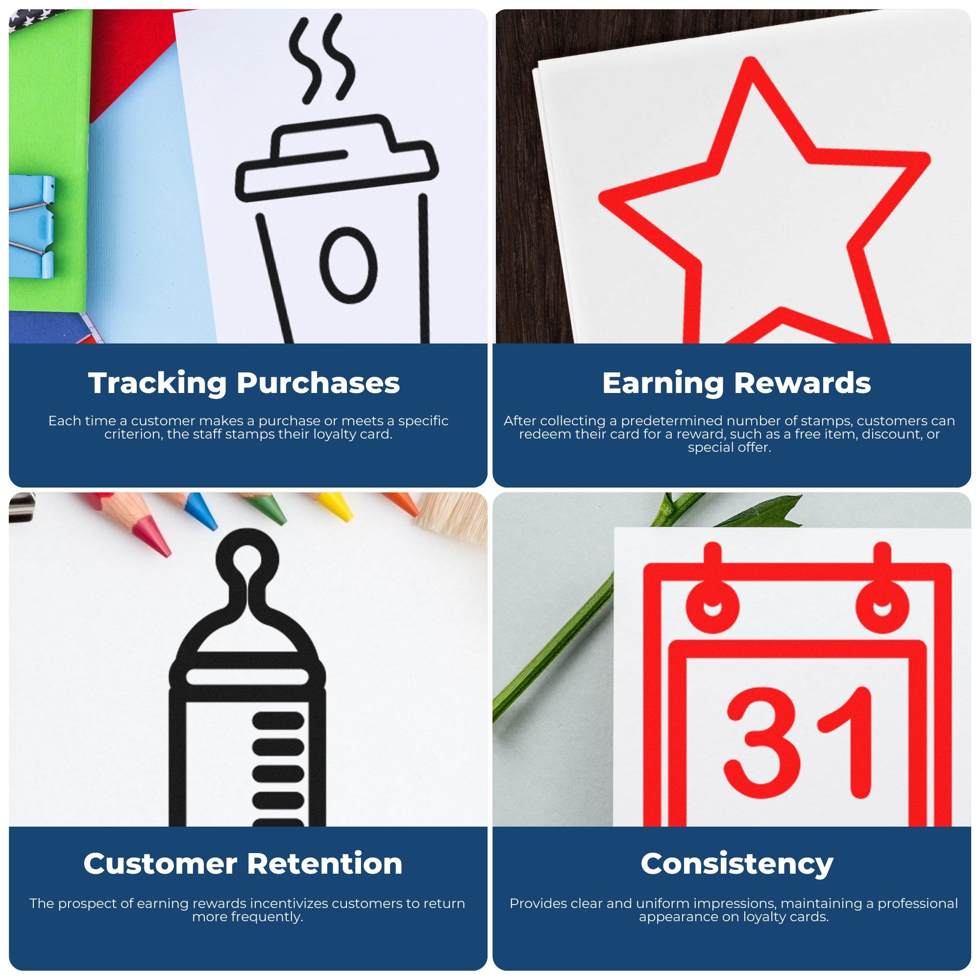 Self-Inking Gingerbread Customer Loyalty Stamp in use, featuring icons for tracking purchases, earning rewards, customer retention, and consistency on a colorful infographic background.