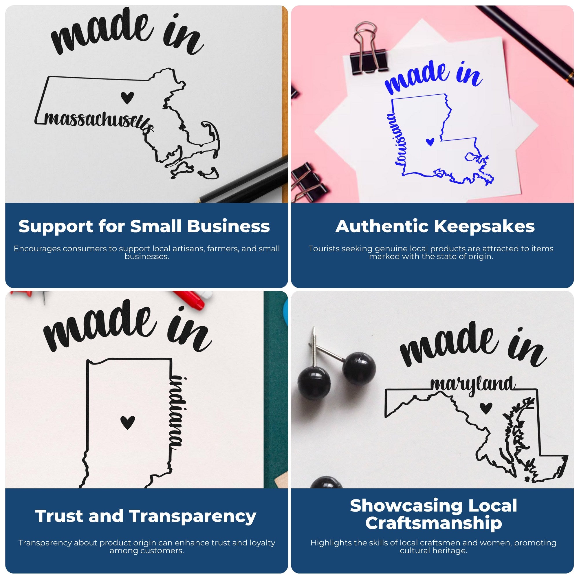 Made with Love in Massachusetts Rubber Stamp featuring a heart design on a map outline, perfect for adding a personal touch to crafts and gifts. Ideal for supporting local artisans.