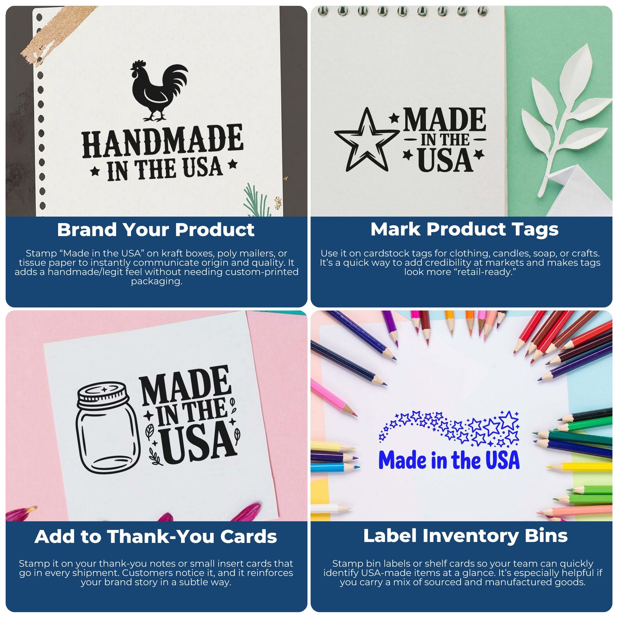 Collage of black Made in USA rubber stamp and seal designs with rooster, star, jar icons on white paper and pastel backgrounds.