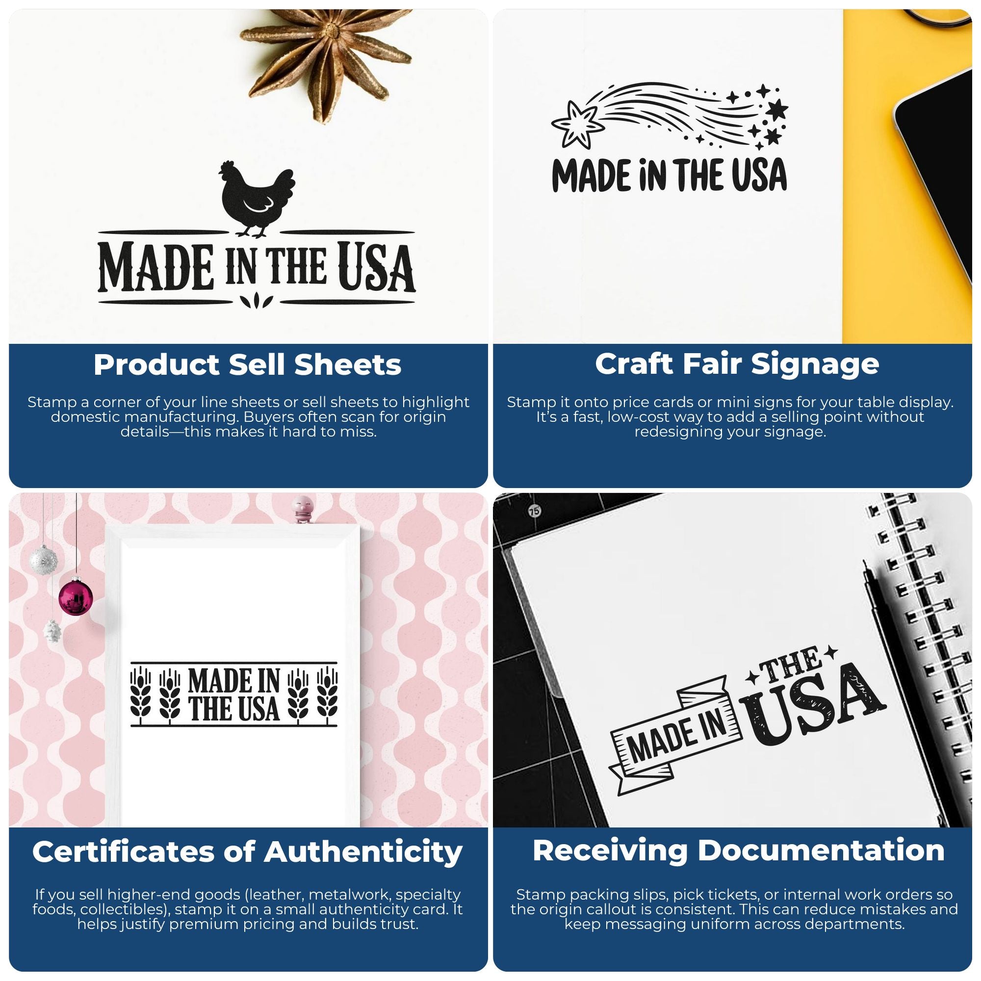 Collage of black Made in the USA stamp and seal designs on white, blue, pink, and yellow product mockups.