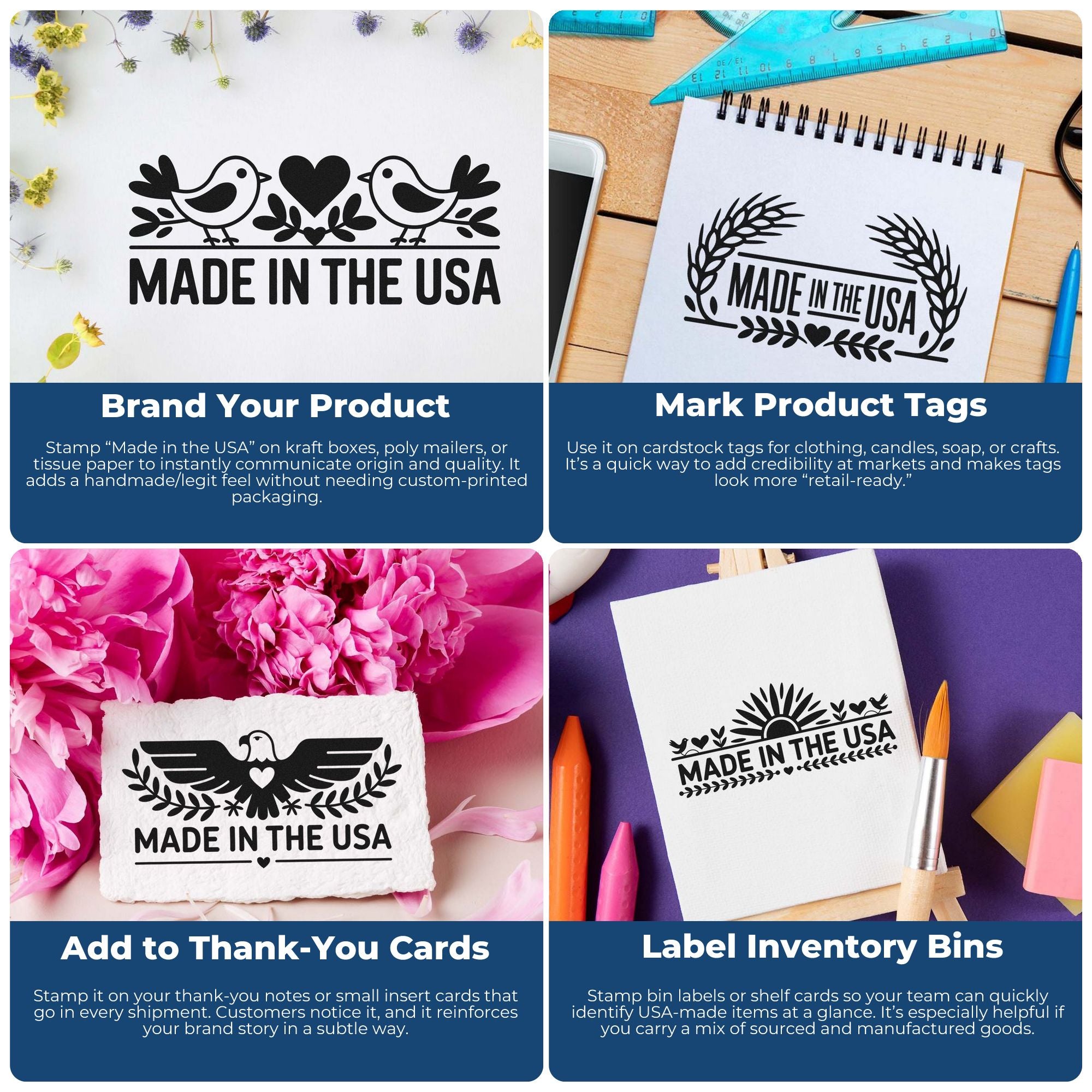 Collage of black Made in the USA stamp and seal designs on white paper, gift tags, thank-you cards, and packaging