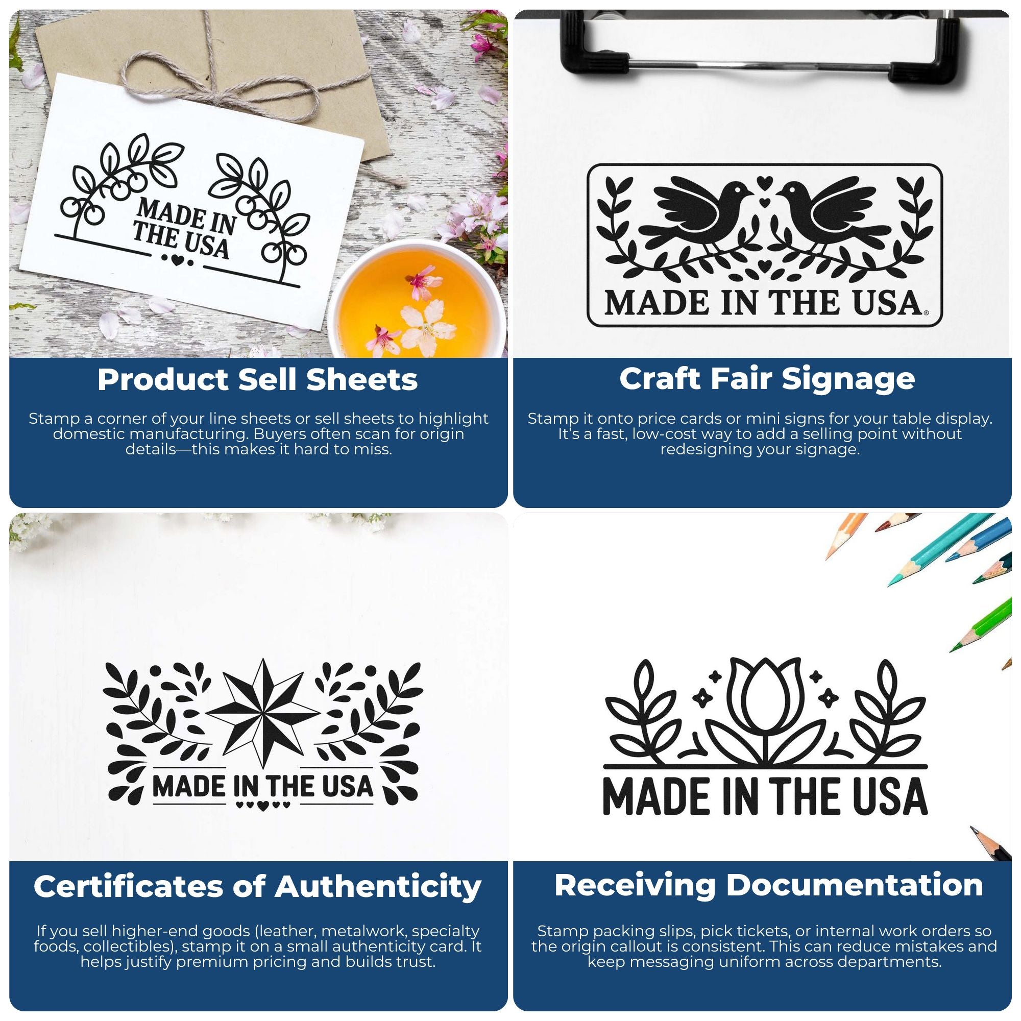 Collage of black Made in the USA stamp and seal designs on cards, signs, and documents, with floral, bird, and star motifs.