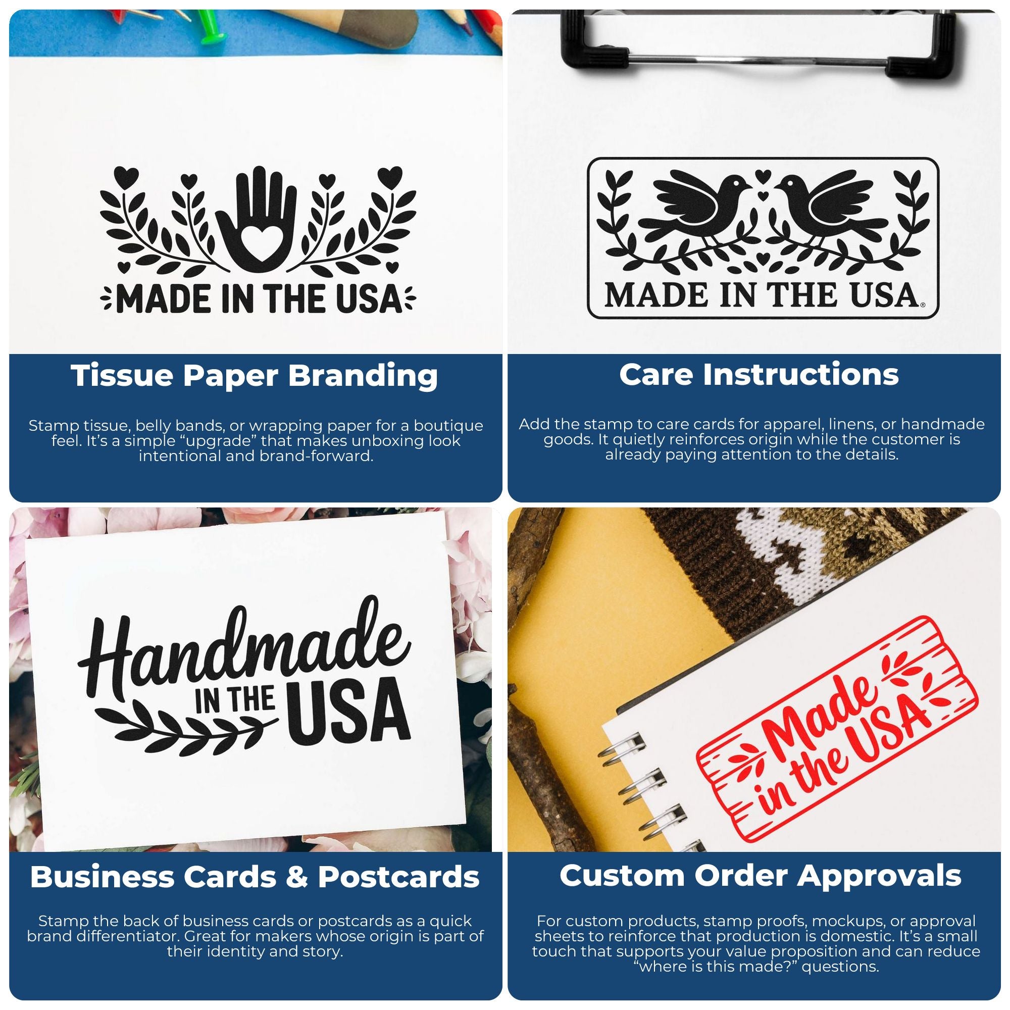Stamp and seal product collage with black and red Made in the USA designs on white paper and blue info banners
