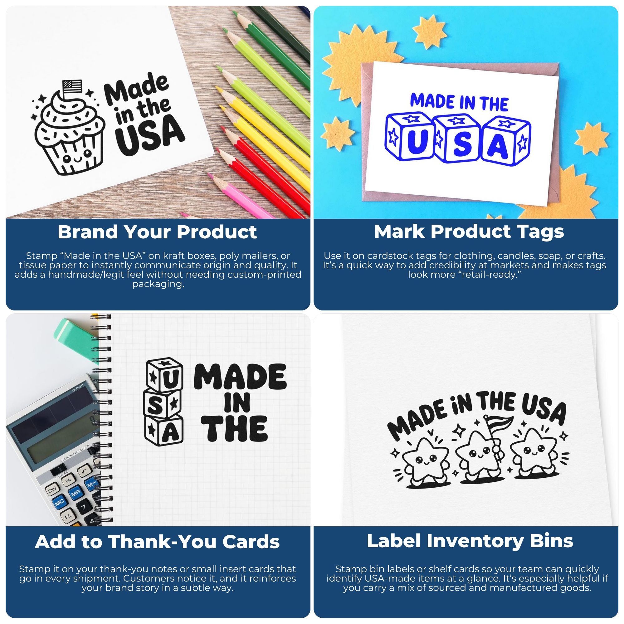 Made in the USA stamp and seal product collage on white paper, tags, and cards with black and blue designs and craft packaging