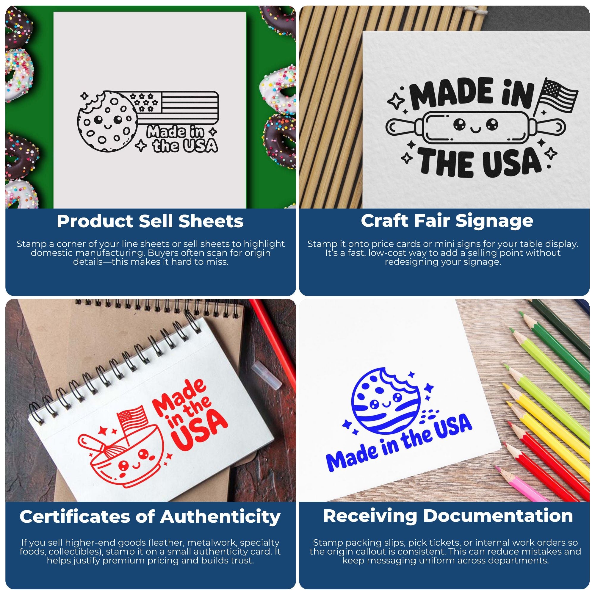 Collage of black, red and blue Made in the USA stamp-and-seal designs on paper for labels, signs and documents.