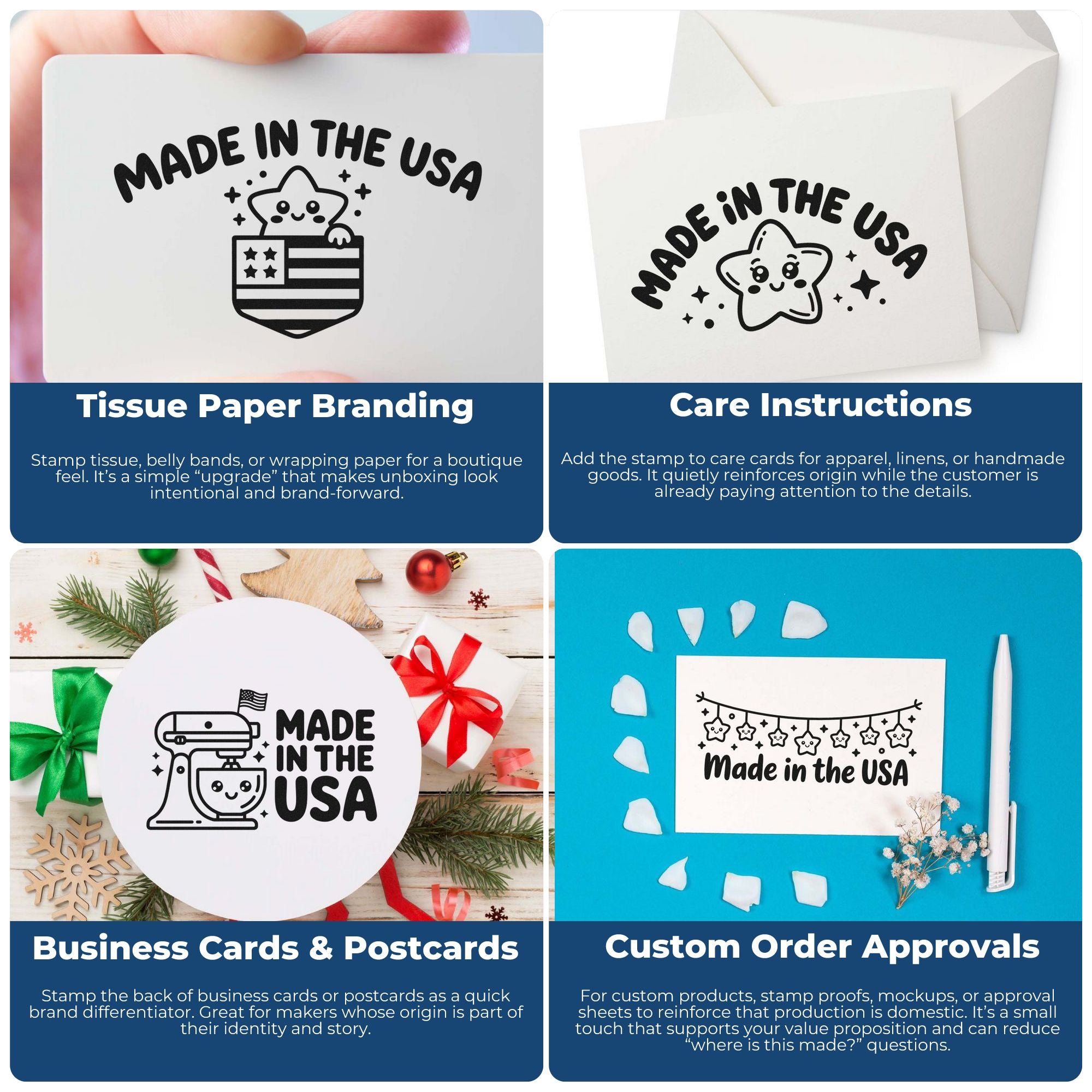 Collage of black Made in the USA stamp and seal designs on white tissue, care cards, and packaging with blue panels.