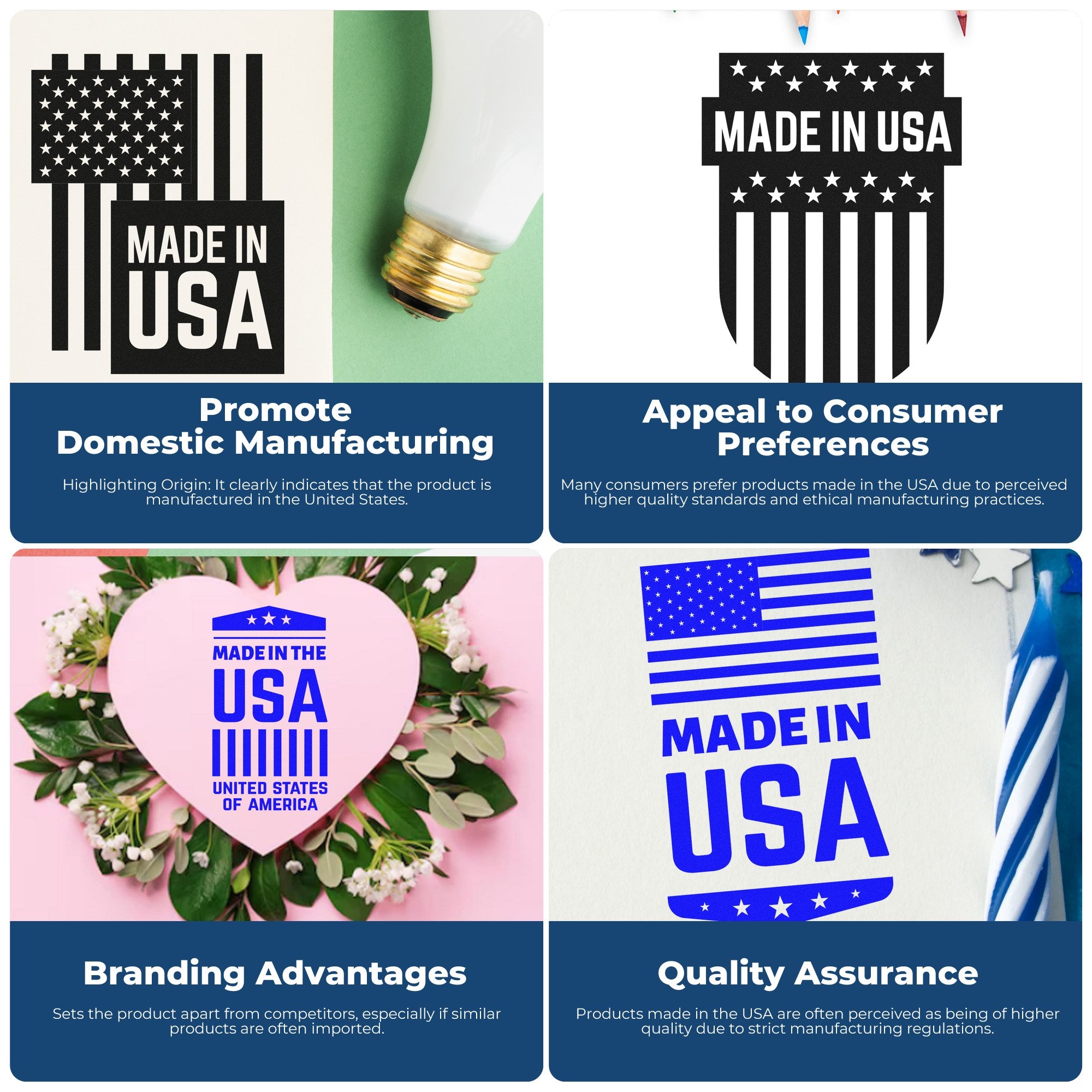 Self-Inking Patriotic Pride Seal Stamp featuring Made in USA design, showcasing American flag elements. Ideal for promoting domestic manufacturing and quality assurance.