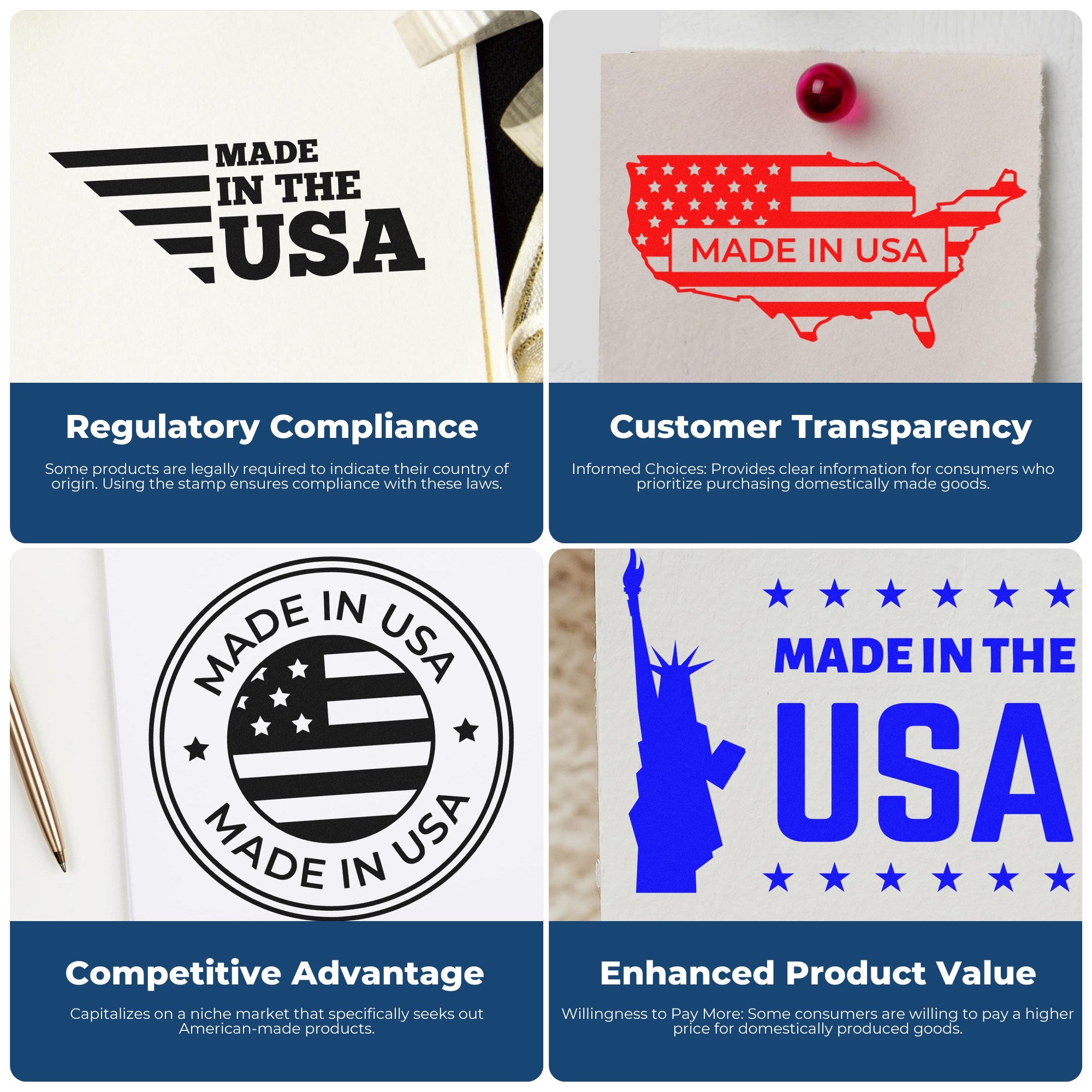 PSI Pre-Inked American Pride Emblem Stamp featuring 'Made in USA' designs, showcasing regulatory compliance, customer transparency, competitive advantage, and enhanced product value.