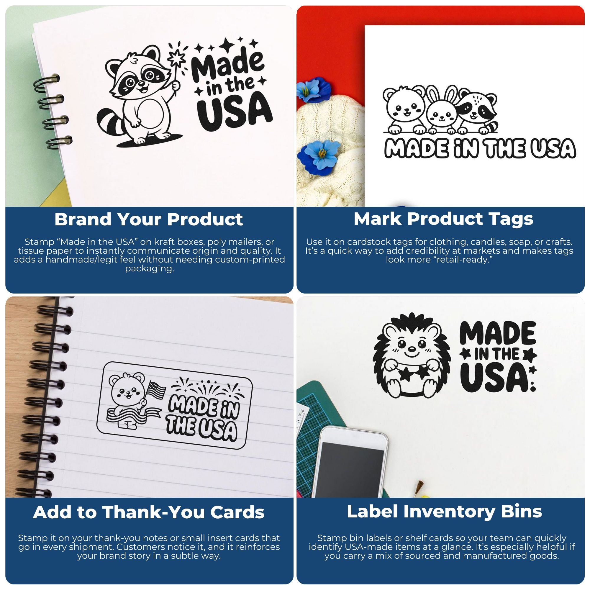 Cute black-and-white Made in the USA stamp and seal designs with animal characters on white, red, and blue product panels.