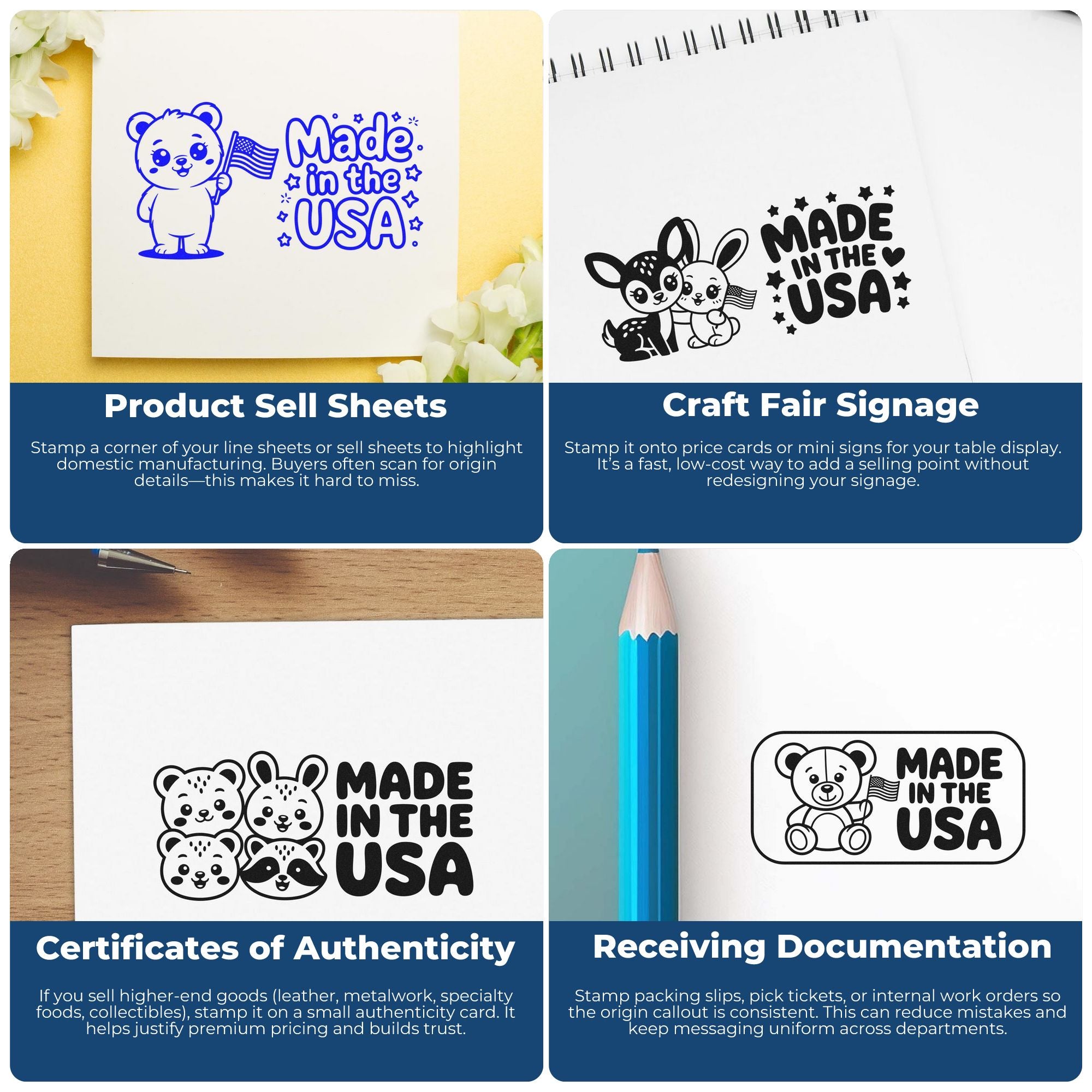 Blue and black Made in the USA stamp and seal designs on paper for sell sheets, craft signs, certificates and packing slips.