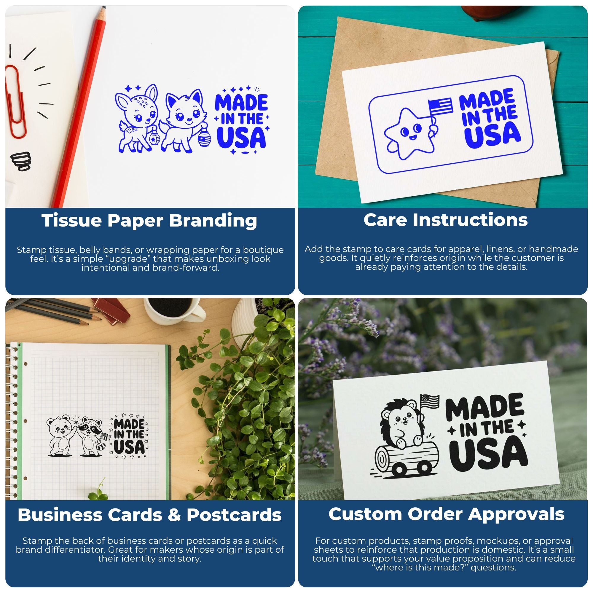Collage of blue Made in the USA stamp and seal designs on paper, envelopes, cards, and labels.