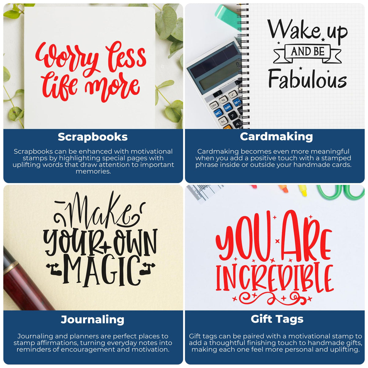 Motivational stamp and seal designs in red and black for scrapbooks, cards, journals and gift tags.