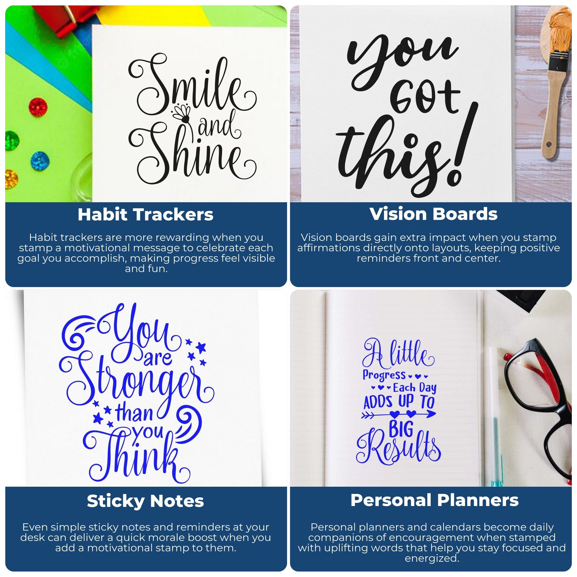 Motivational stamp and seal designs in black and blue on notebooks and cards for habit trackers, vision boards, sticky notes, and planners.