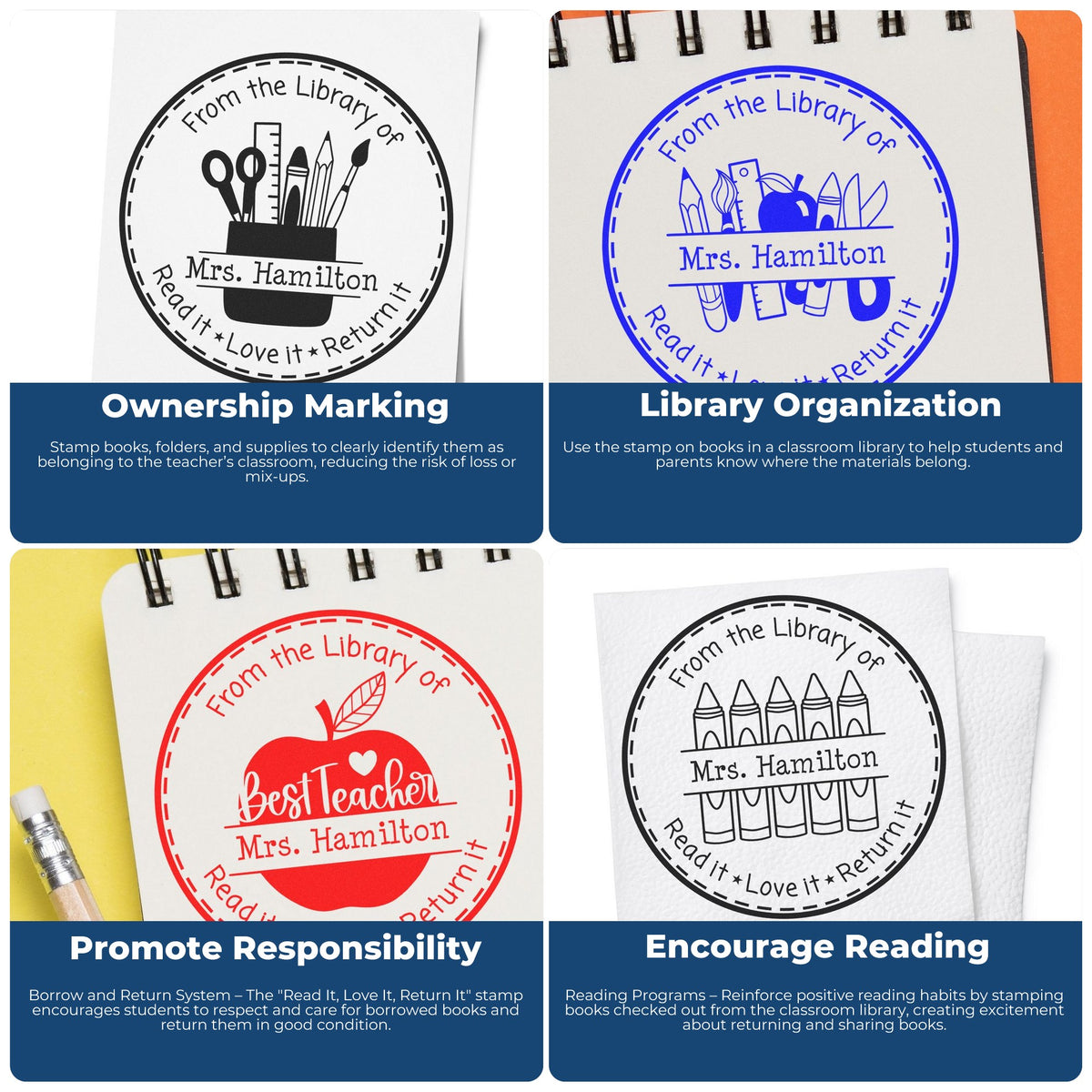 Assorted round library book return stamps in black, blue, and red, featuring pencils, art supplies, and teacher name Mrs. Hamilton.