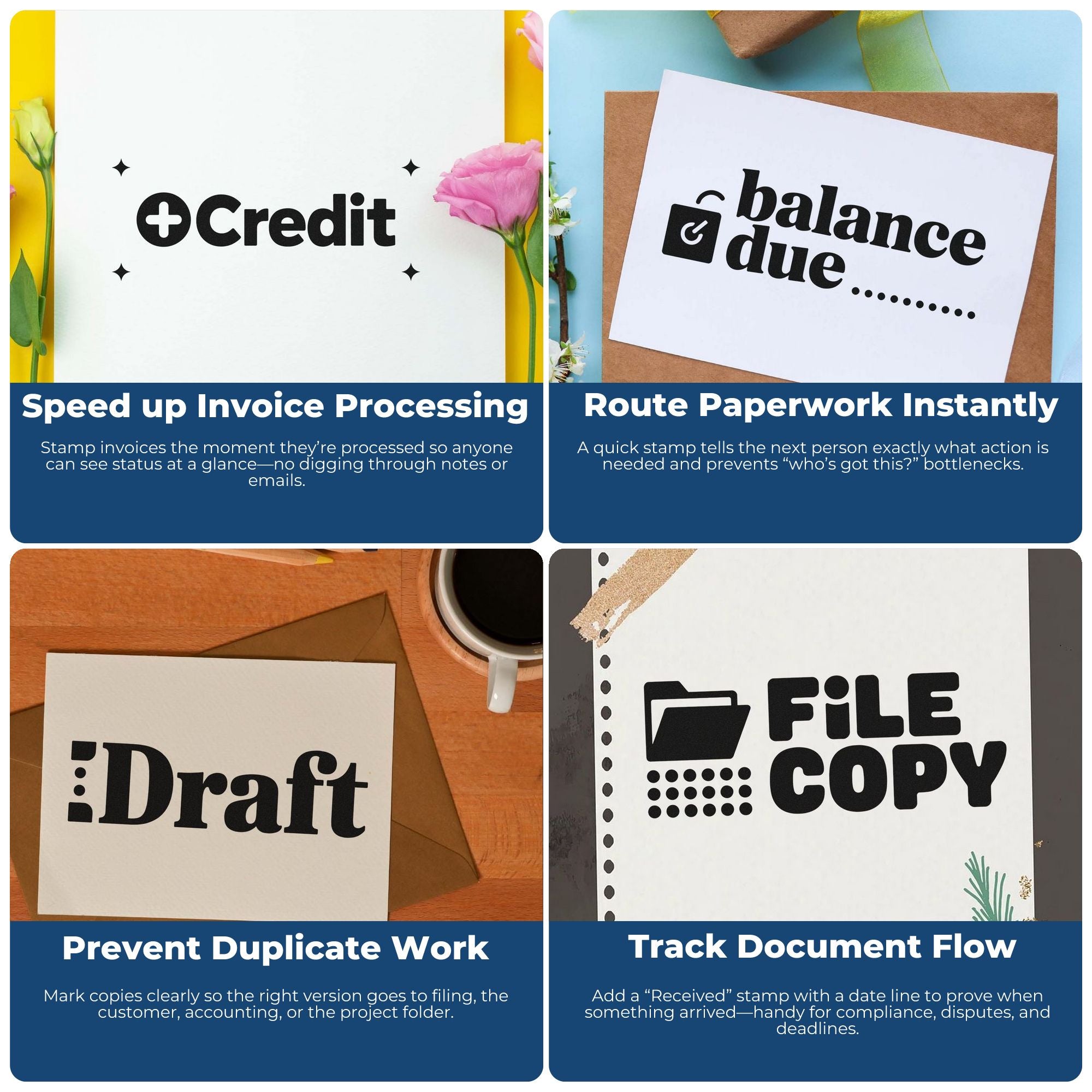 Colorful office stamp and seal products with Credit, Balance Due, Draft, and File Copy labels on white paper and blue panels.