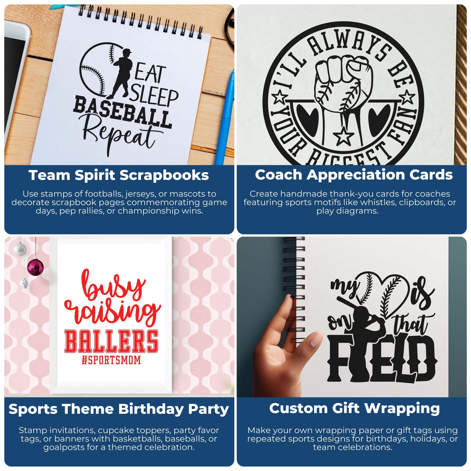 Black sports-themed stamp and seal designs on notebooks and cards, featuring baseballs, fists, and bold lettering.