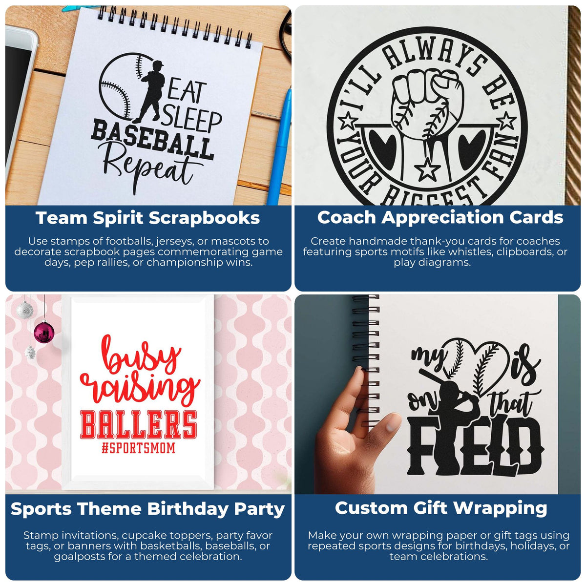 Sports-themed stamp and seal products in black, red, and white for baseball, coaching, birthday, and gift wrap designs.
