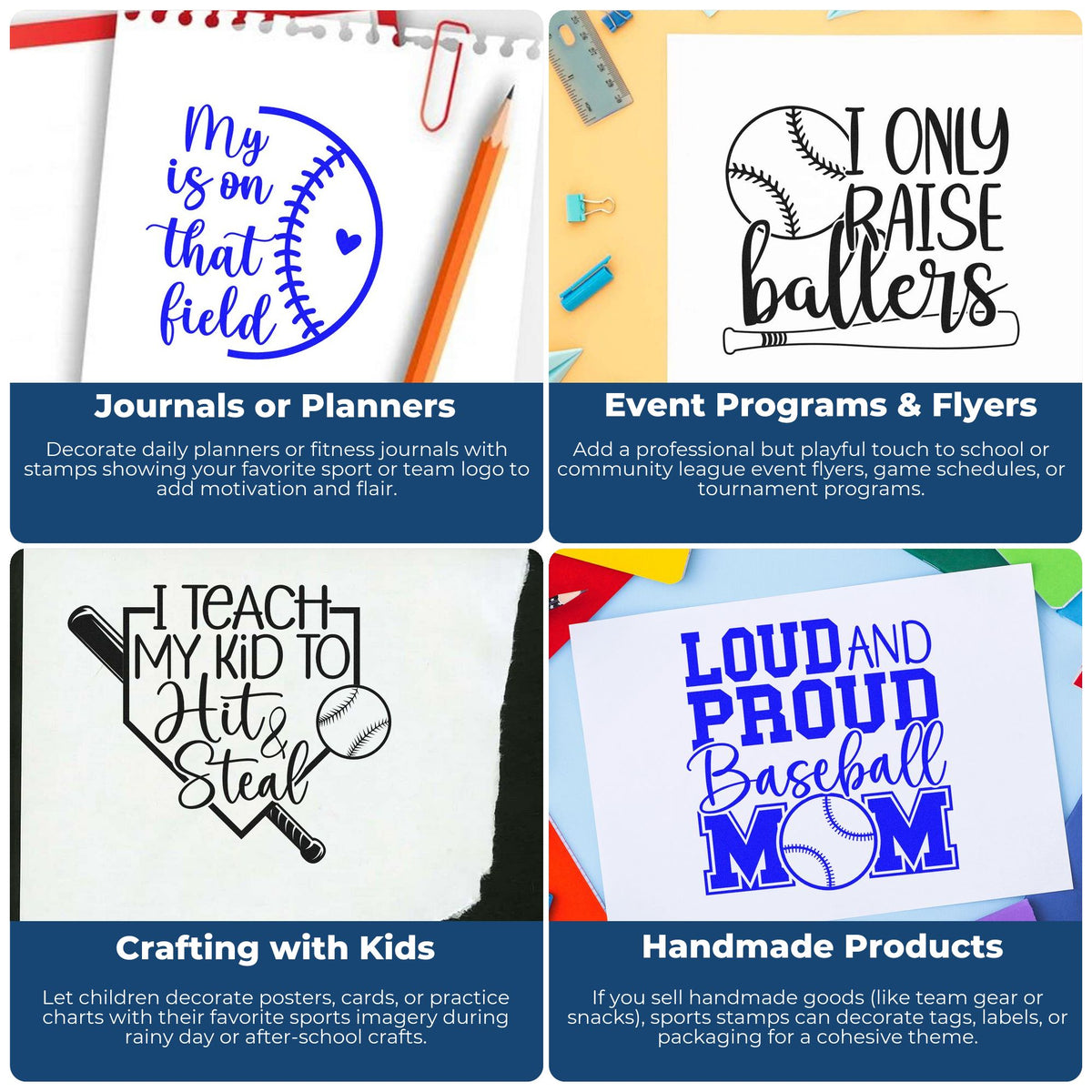 Baseball-themed stamp and seal designs on white paper, in blue and black, for journals, flyers, crafts, and handmade products.