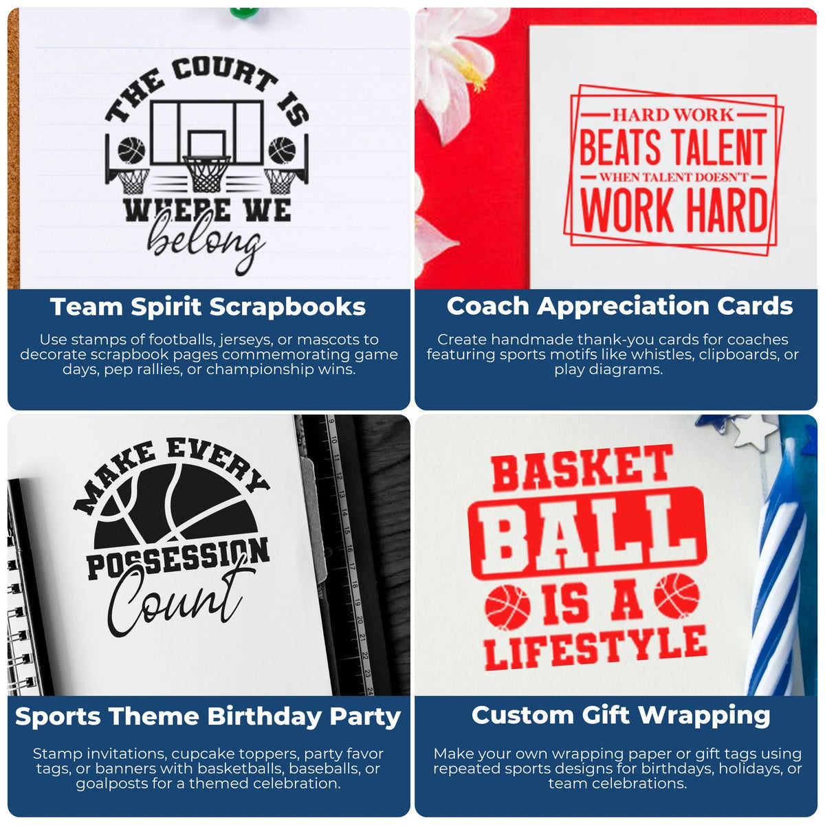 Sports-themed stamp and seal designs in black and red, featuring basketball motifs and motivational sayings on white paper.