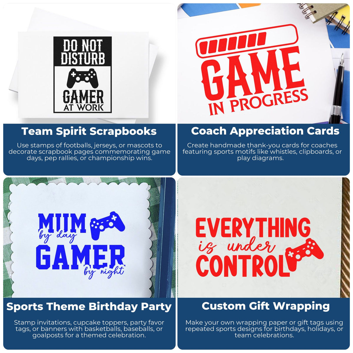 Gamer-themed stamp and seal products with black, red, and blue designs for scrapbooks, cards, birthday parties, and gift wrapping.