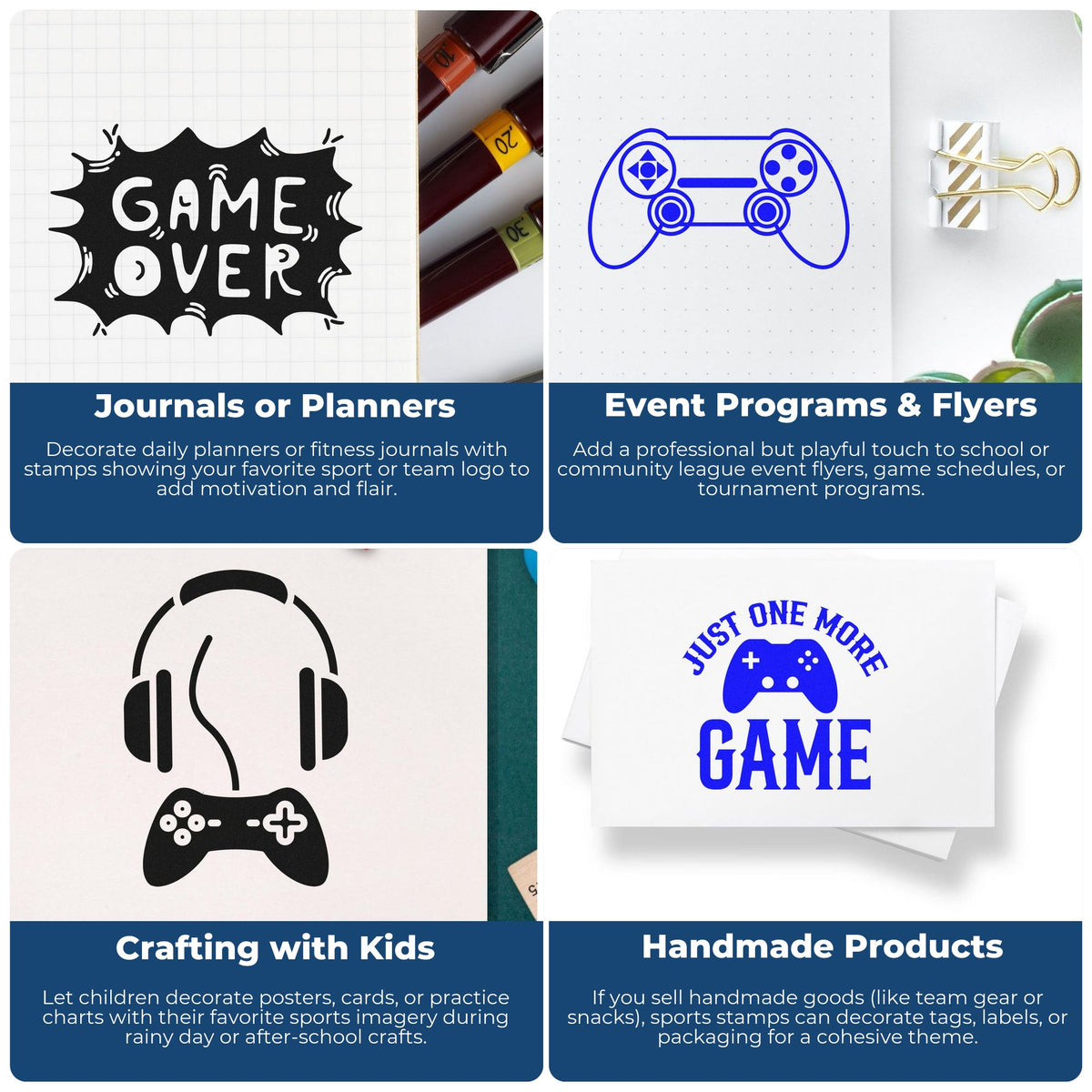 Gaming-themed stamp and seal designs in black and blue on planners, flyers, crafts, and handmade product packaging