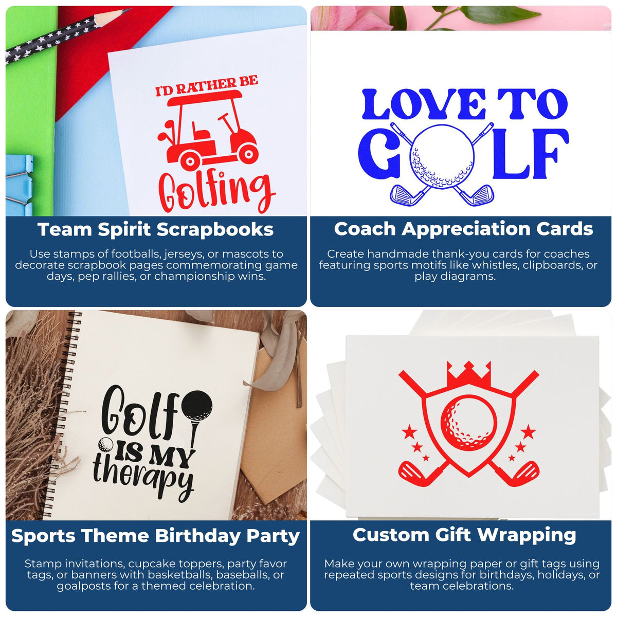 Golf-themed stamp and seal products in red, blue, and black for scrapbooks, cards, party decor, and gift wrapping.