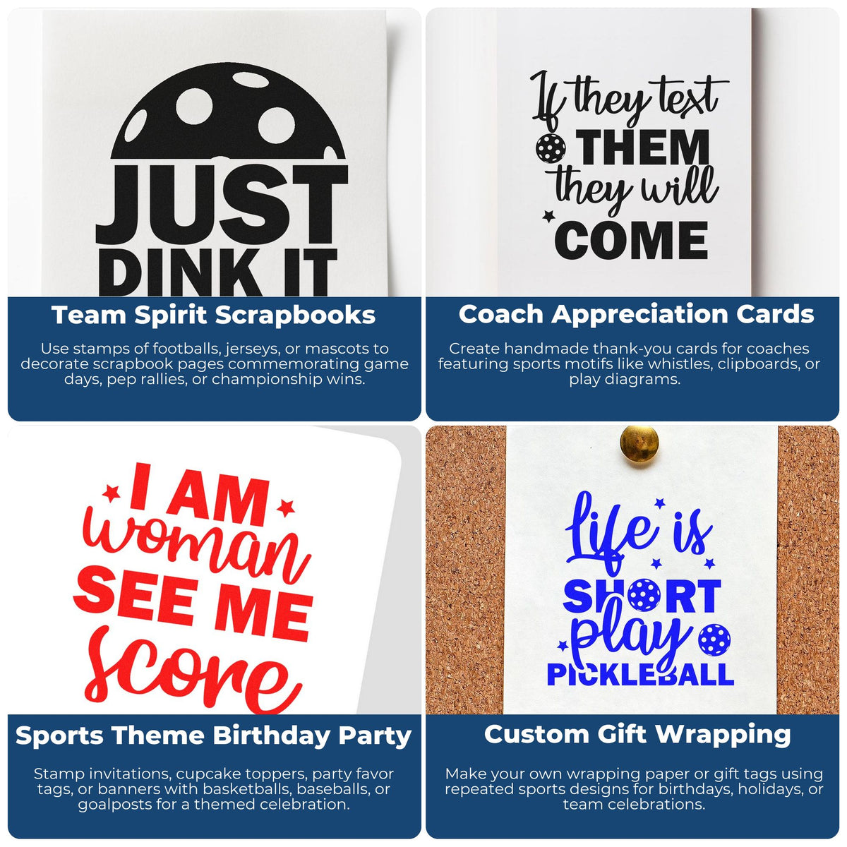 Collage of four sports-themed stamp and seal products on white paper, featuring black, red, and blue lettering for cards and gift wrap.