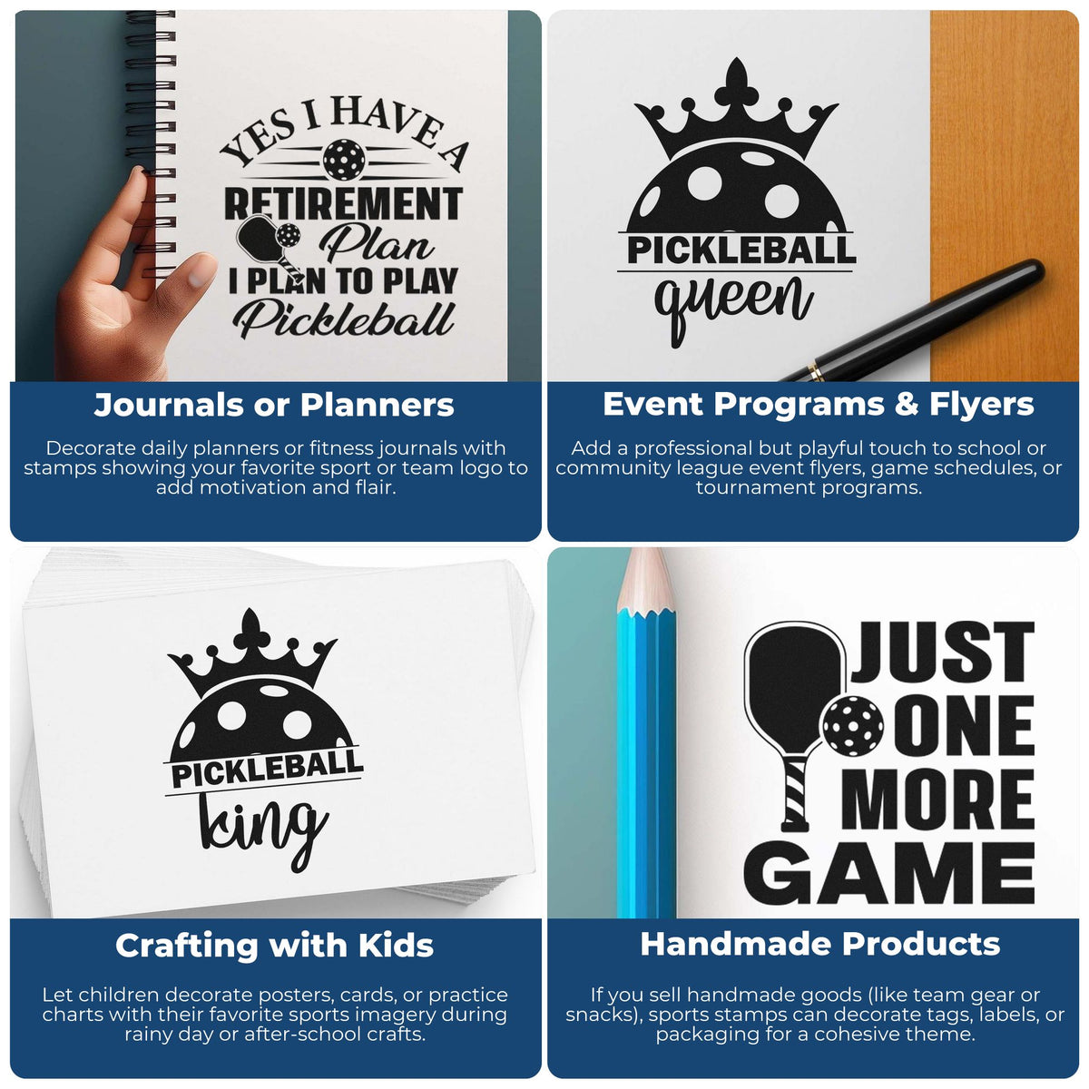 Black pickleball stamp and seal designs on white paper, shown on journals, flyers, crafts, and handmade goods.