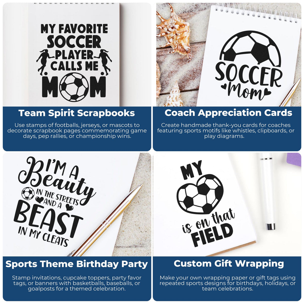 Soccer-themed stamp and seal designs in black on white paper, with soccer ball icons and blue caption blocks for crafts and gifts.