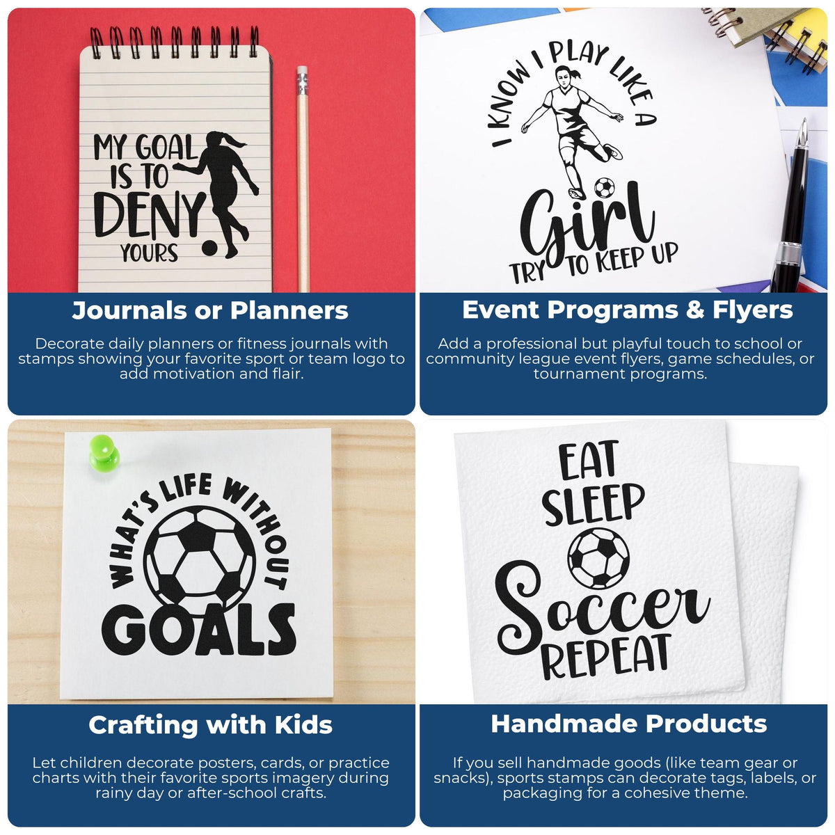 Soccer-themed stamp and seal products with black designs on white pages, shown on journals, flyers, crafts, and packaging.