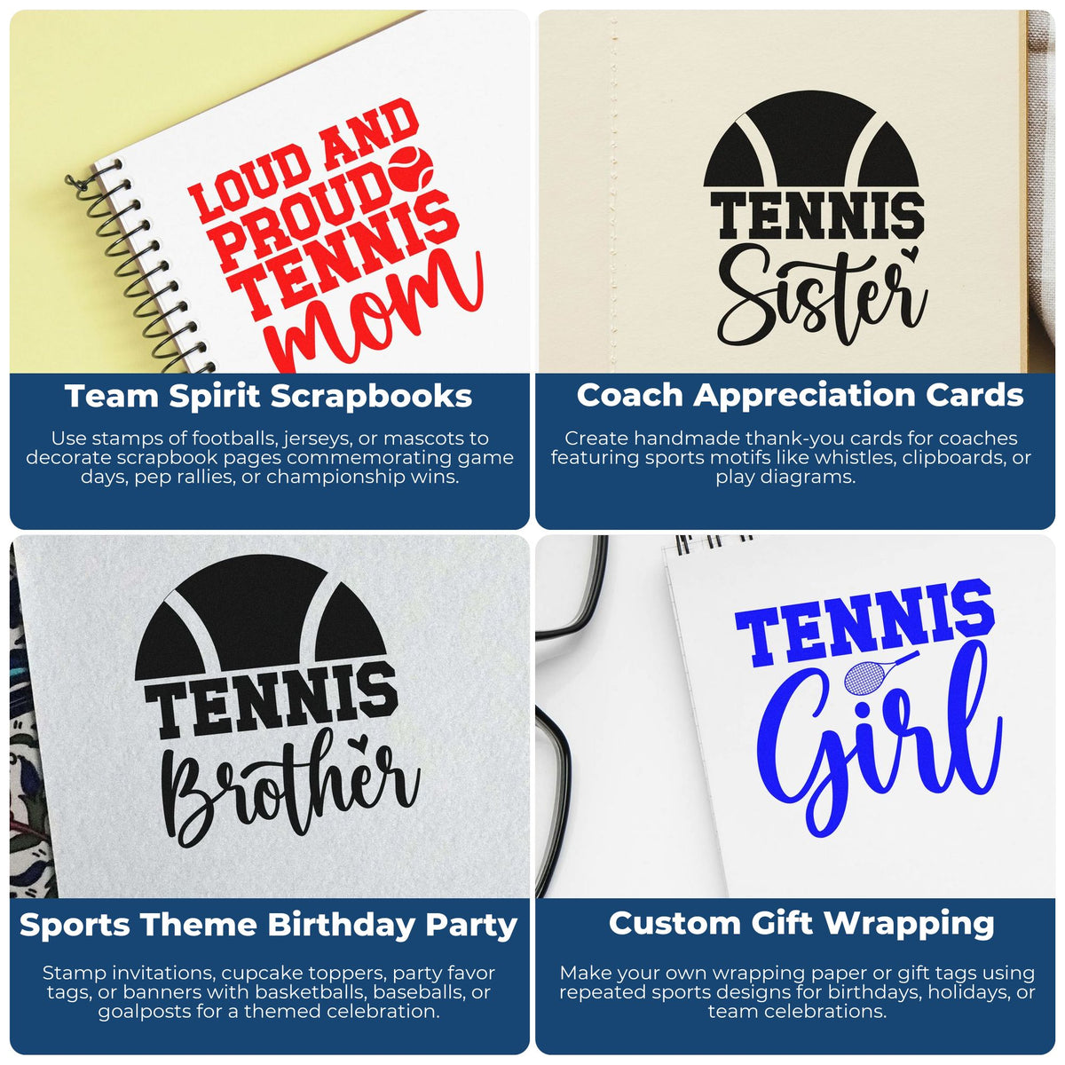 Sports-themed stamp and seal products in red, black, and blue on notebooks and cards, including tennis, brother, girl, and mom designs.