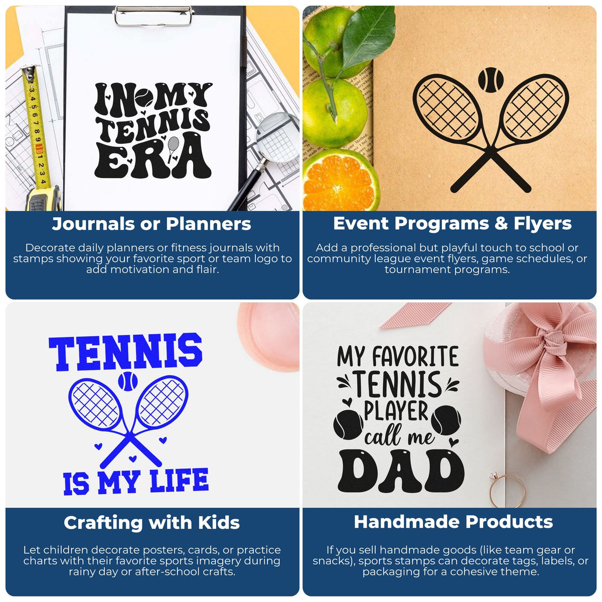 Tennis-themed stamp and seal designs in black, blue, and pink for planners, flyers, crafts, and handmade packaging.