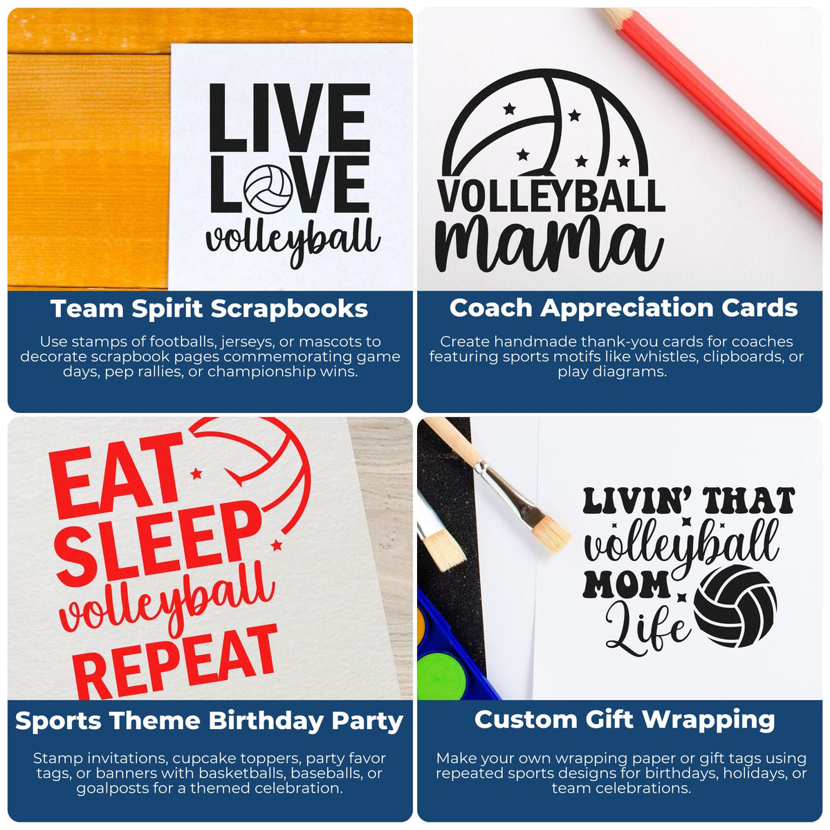 Volleyball stamp and seal designs in black and red for crafts, thank-you cards, party decor, and custom gift wrap.
