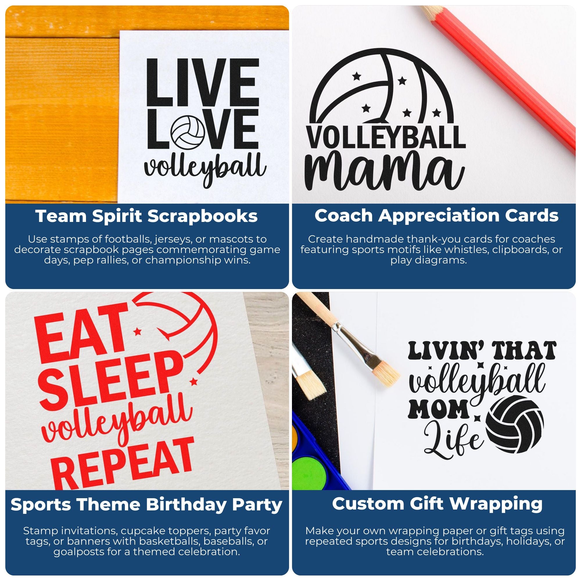 Volleyball stamp and seal collage with black and red designs on white paper for scrapbooks, cards, parties and gift wrap.