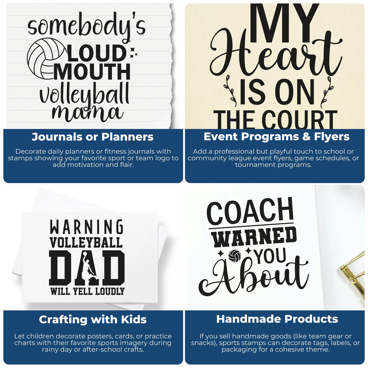 Black volleyball stamp and seal designs on white paper with playful text for planners, flyers, crafts, and handmade goods.