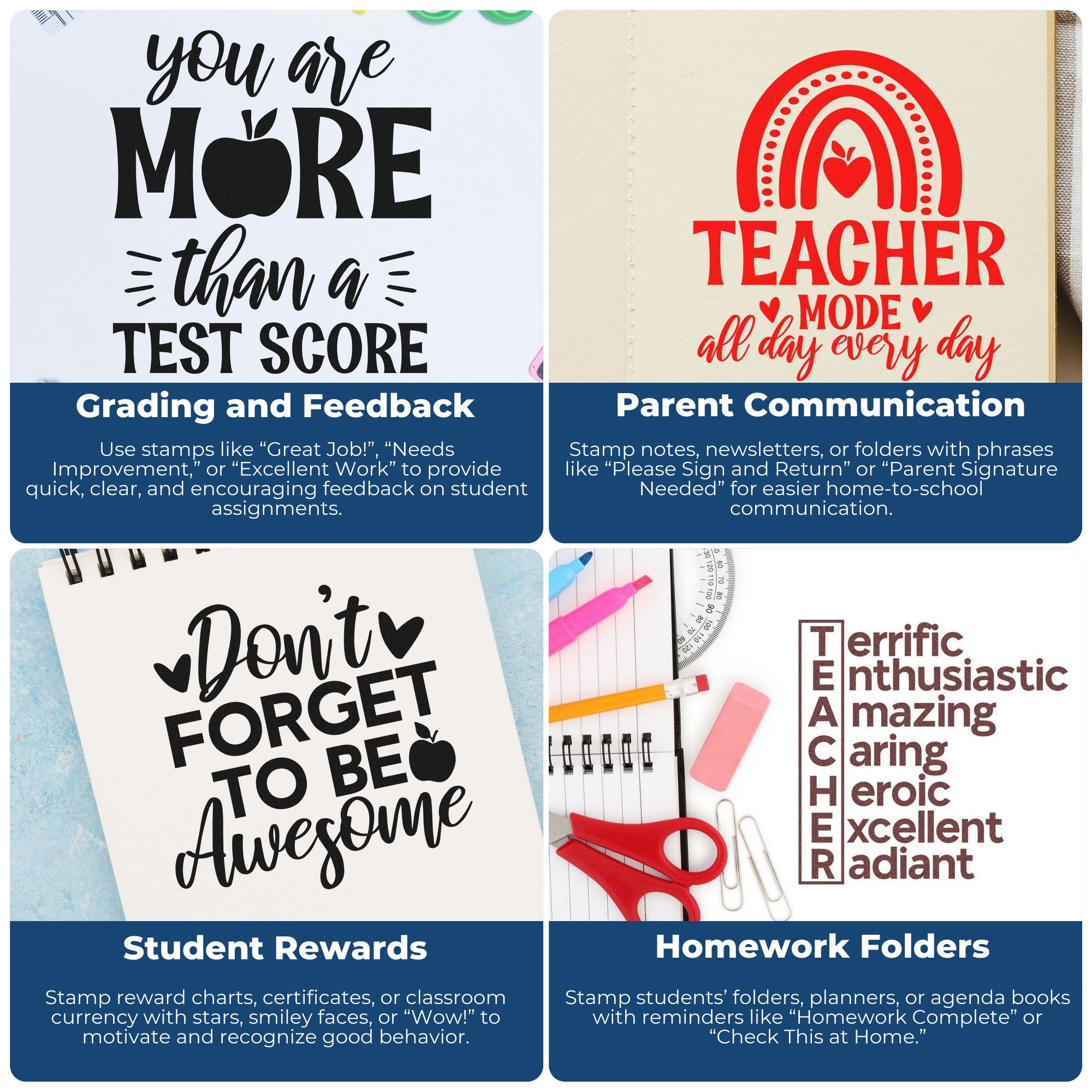 Teacher stamp and seal product collage in black, red, and brown with motivational phrases for grading, rewards, and folders.