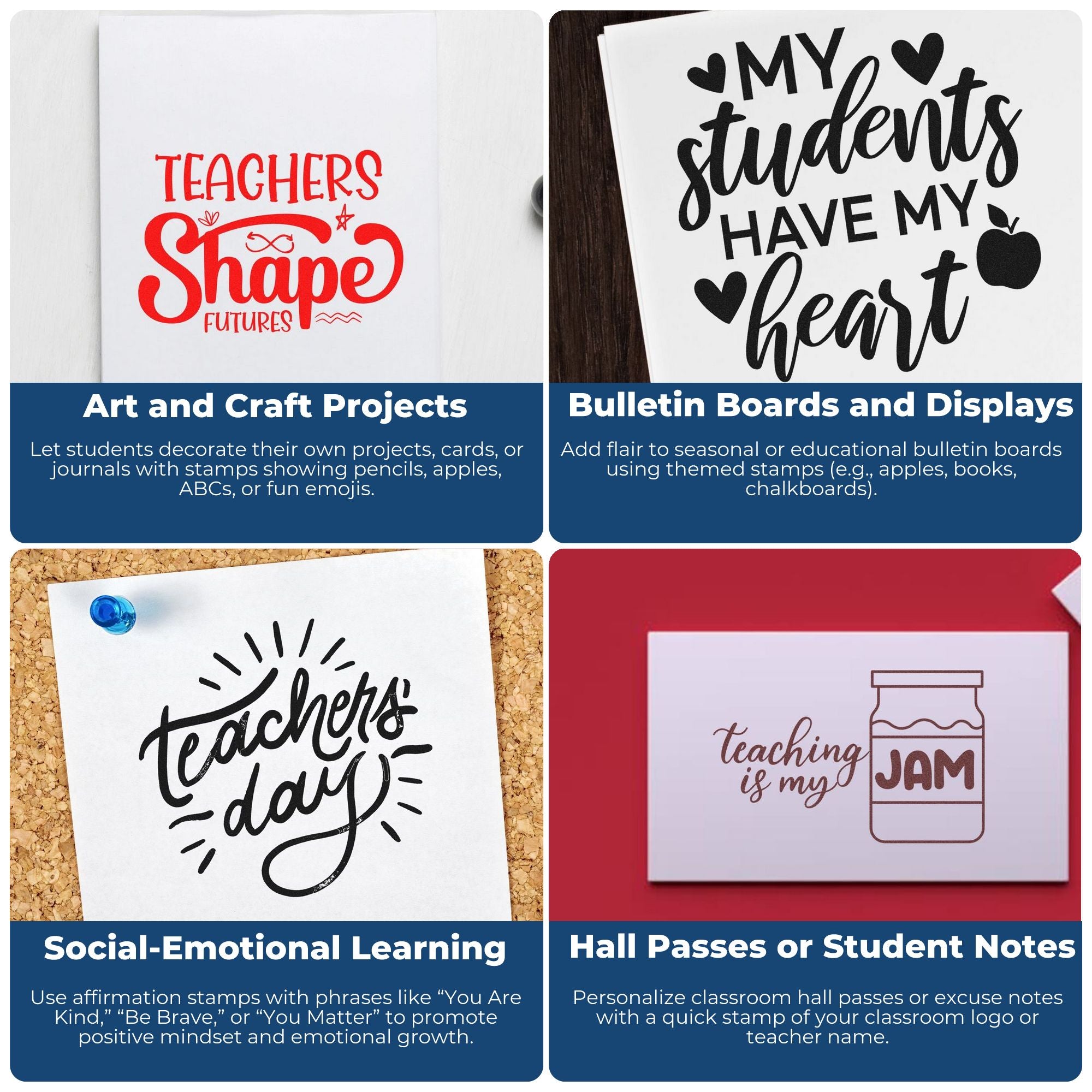 Teacher-themed stamp and seal products with red and black designs for crafts, bulletin boards, notes, and classroom decor.