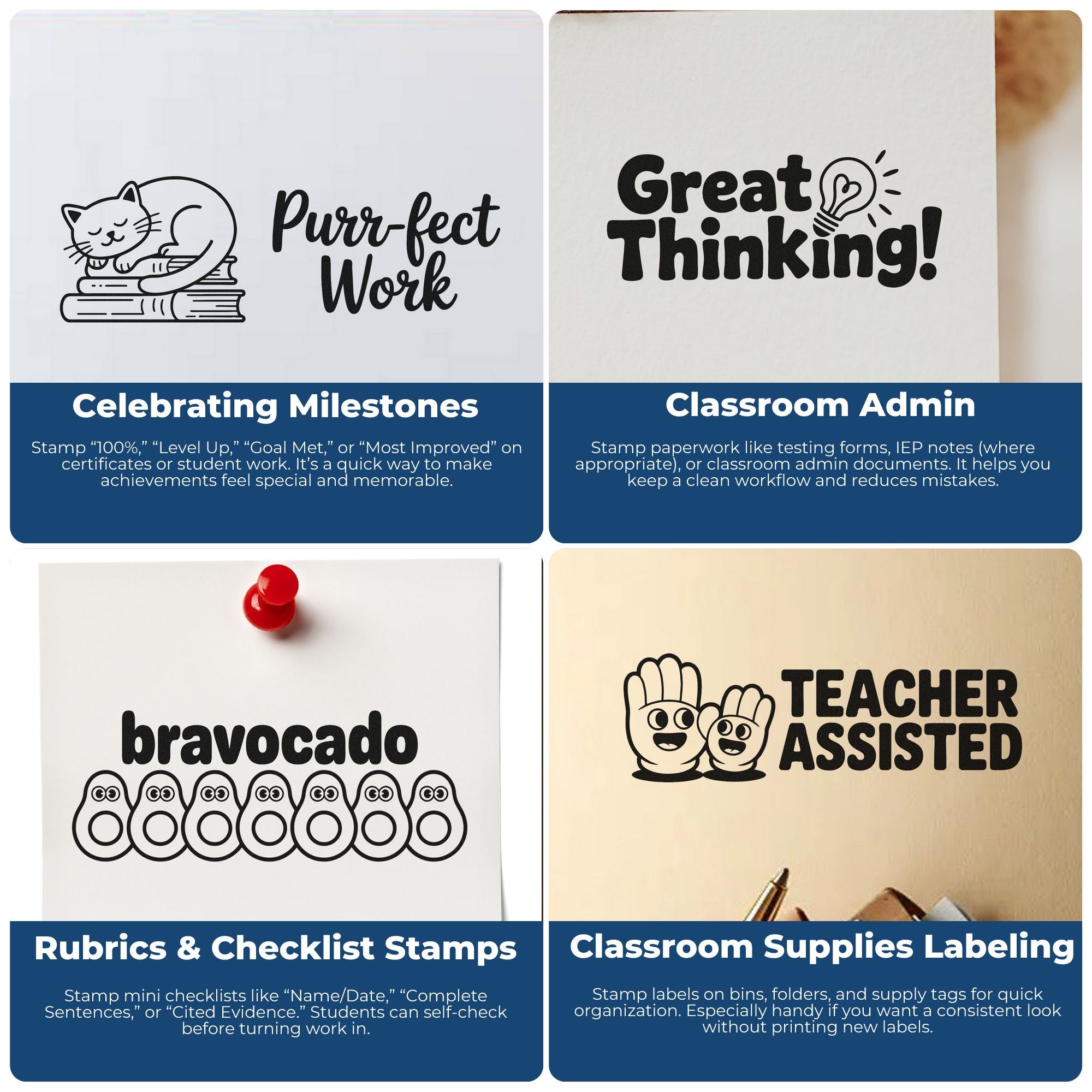 Collage of black classroom stamp and seal impressions on white paper, including cat, Great Thinking, avocado, and Teacher Assisted designs.