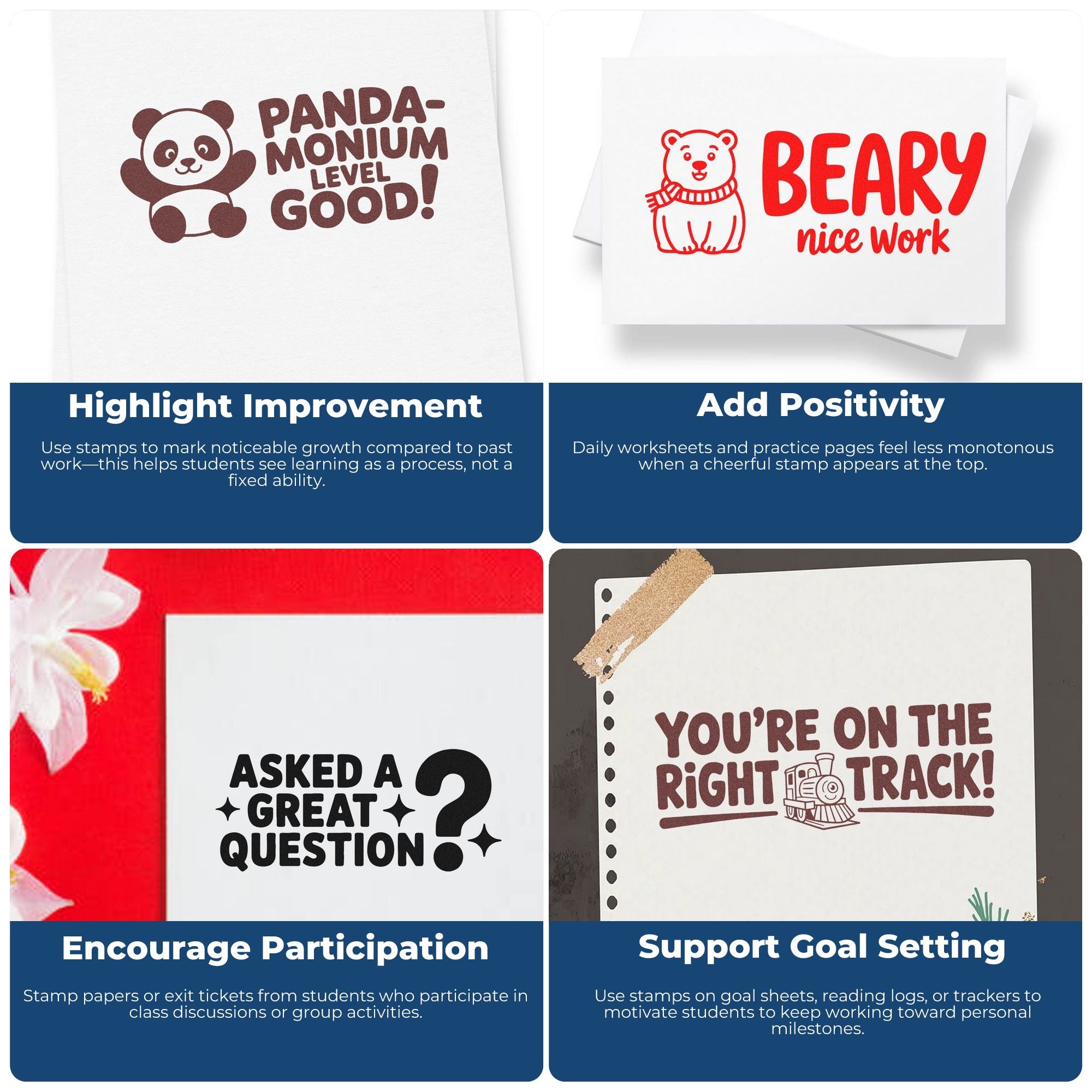 Collage of teacher stamp and seal products in brown, red, and black with panda, bear, question, and train designs for student praise.