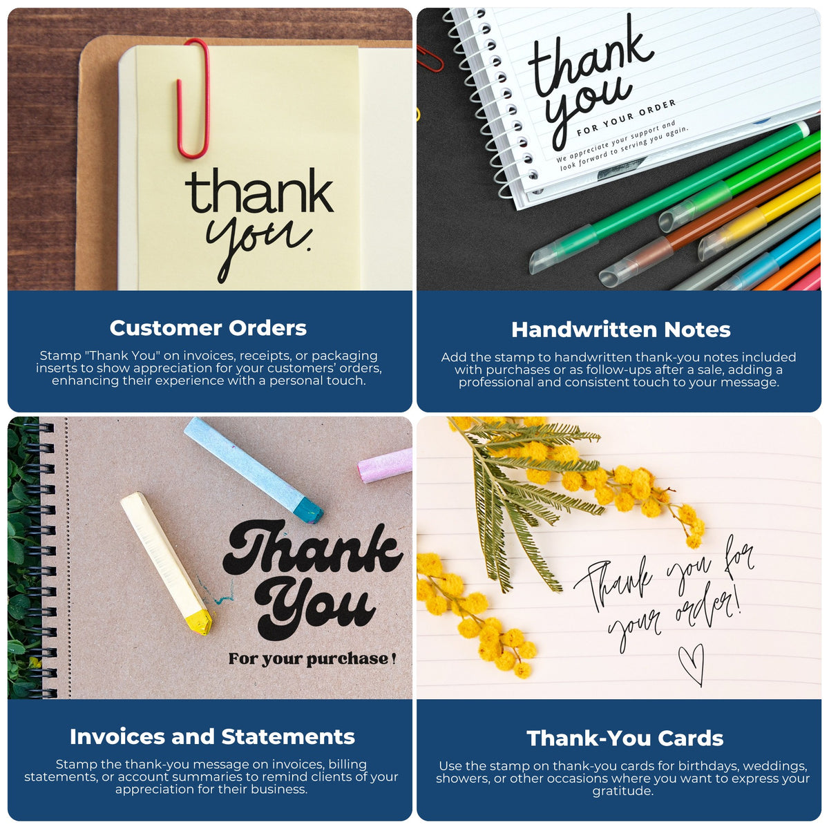 Collage of black thank-you stamp designs on notebooks and cards, with colorful pens, paper clips, and floral accents.