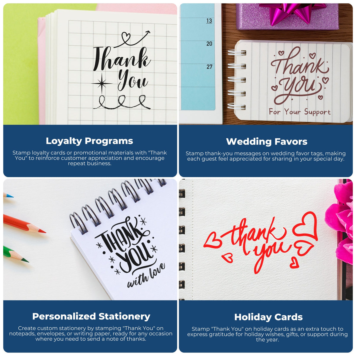 Thank you stamp and seal designs on white notebooks and cards, with black, maroon, and red lettering for gifts, stationery, and favors.