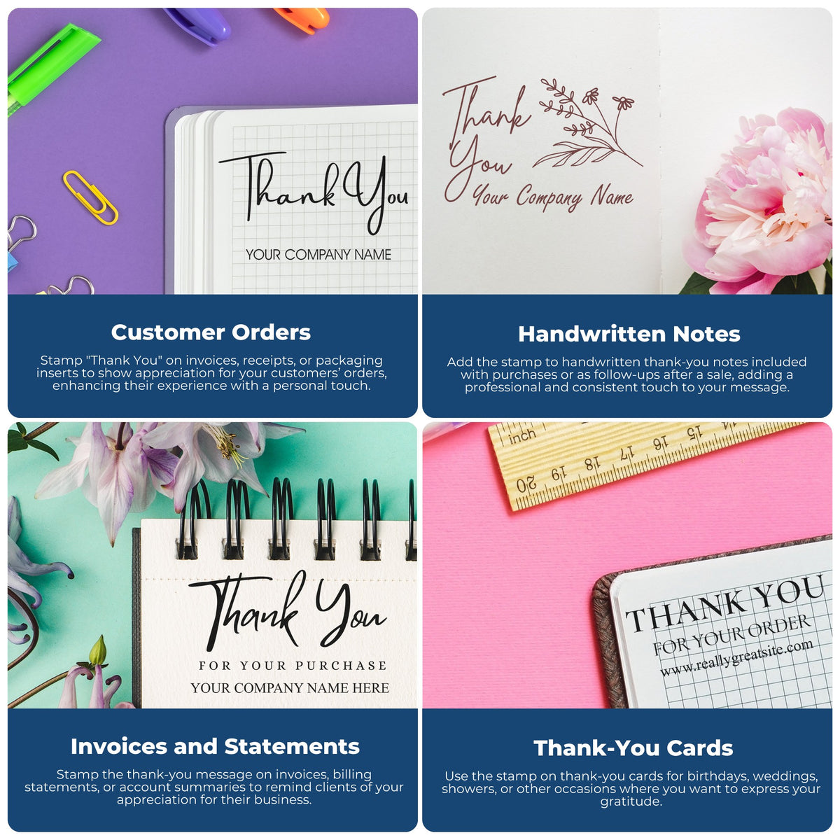 Colorful thank-you stamp and seal product collage with purple, white, teal, and pink backgrounds, floral accents, and notebook mockups.