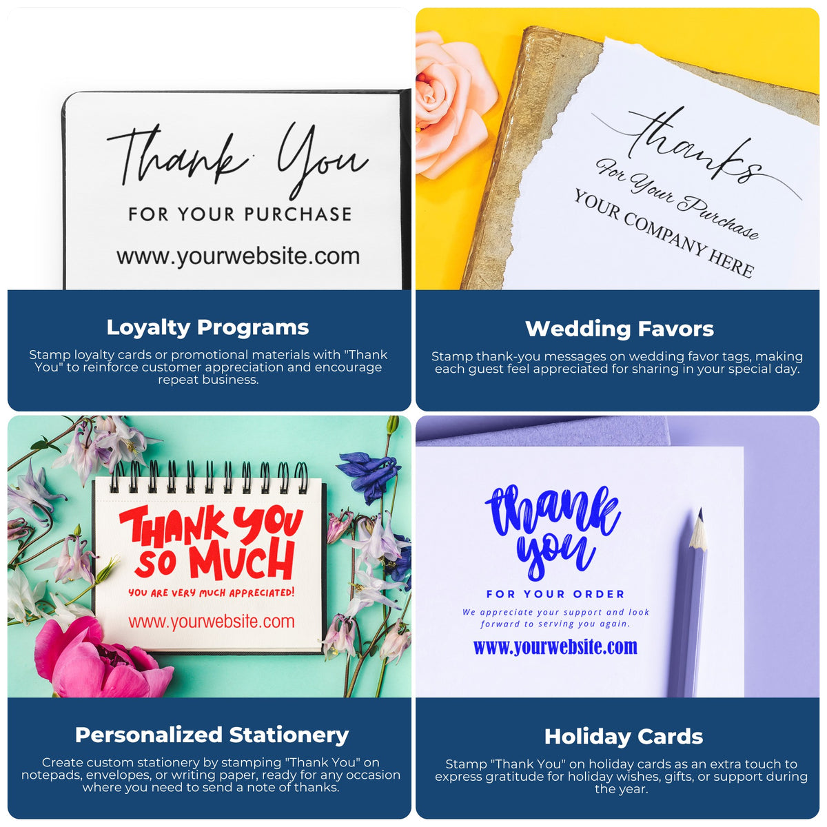 Collage of custom thank-you stamp and seal products on cards in black, red, and blue, with wedding, loyalty, stationery, and holiday designs.
