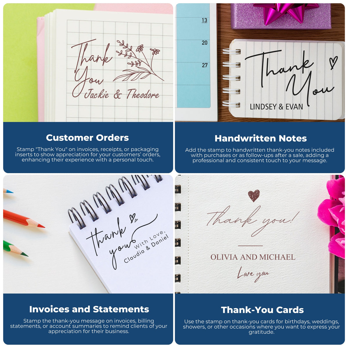 Collage of thank-you stamp and seal products on notebooks and cards, with brown script, black lettering, and blue panels.