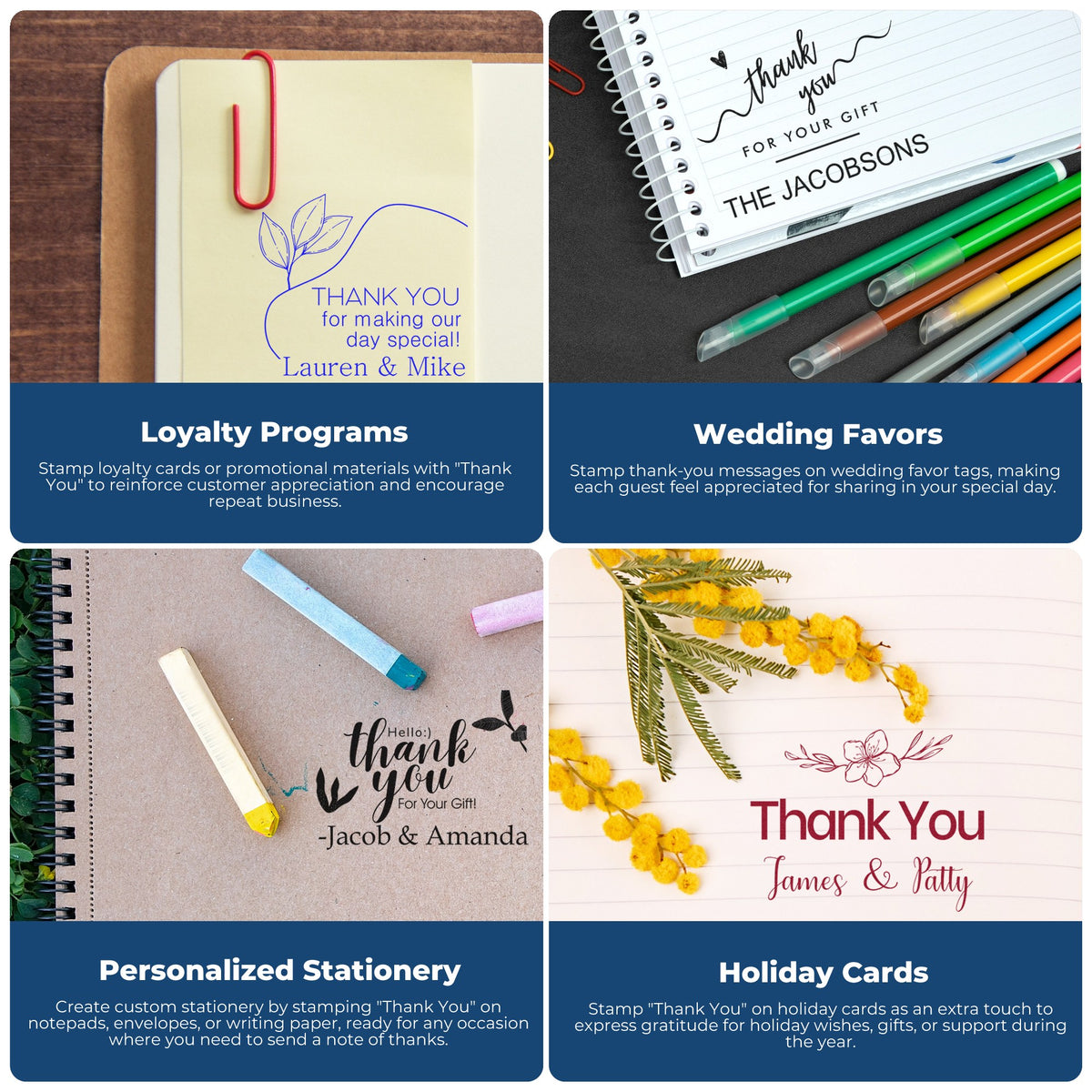 Custom thank-you stamp and seal products on notebooks and cards, in blue, black, yellow and red for gifts, weddings and holidays.